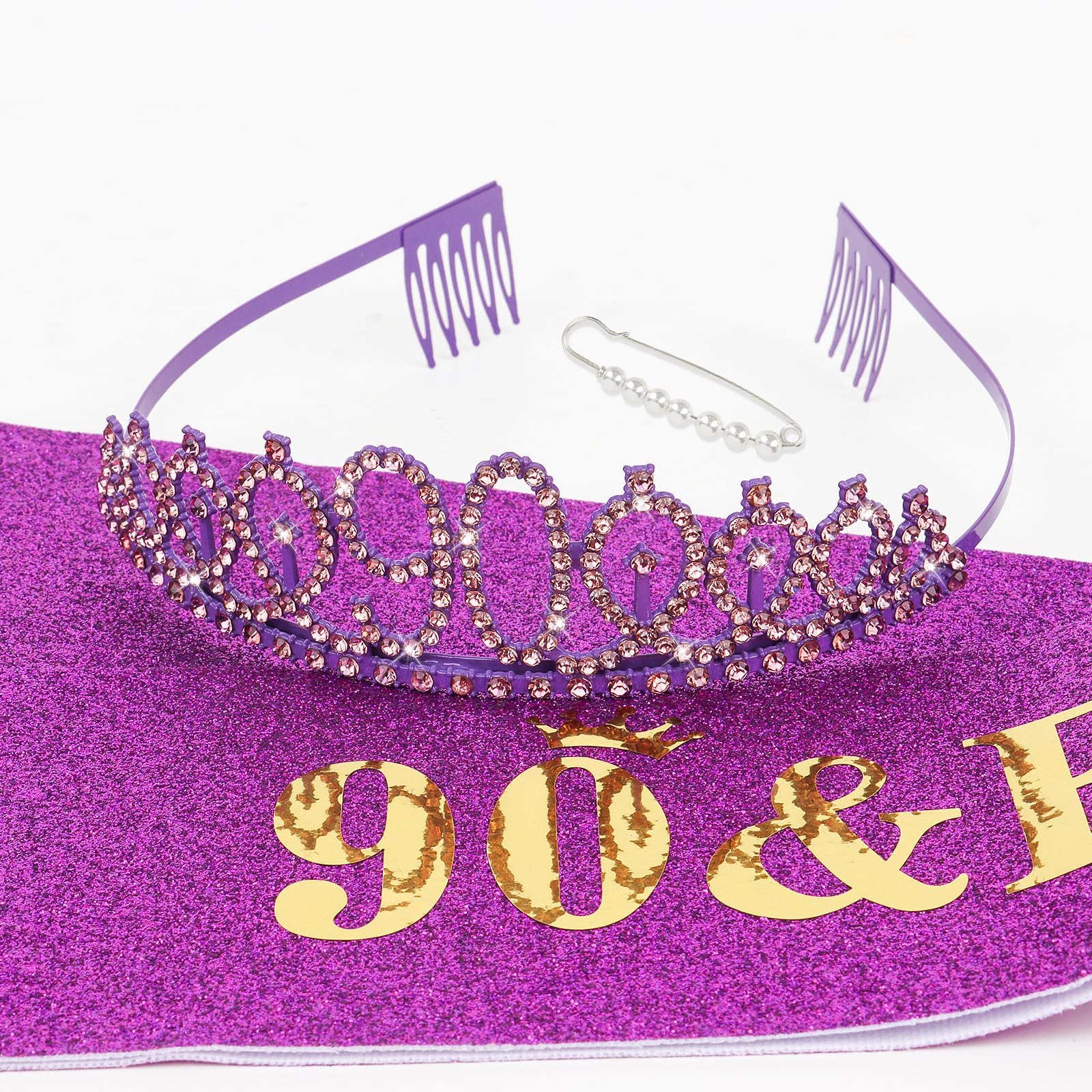 Casoty 90th Birthday Sash and Tiara, 90th Birthday Decorations for Women, 90 & Fabulous Sash and Crown Set, Party Supplies for W