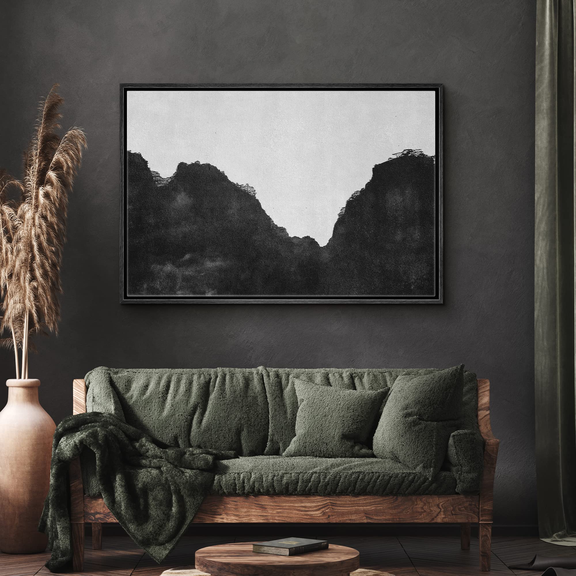 SIGNWIN Framed Canvas Print Wall Art Black Gray Watercolor Mountain Landscape Abstract Nature Illustrations Modern Art Decorative Elements Duotone for Living Room  Bedroom  Office - 16''x24'' Black