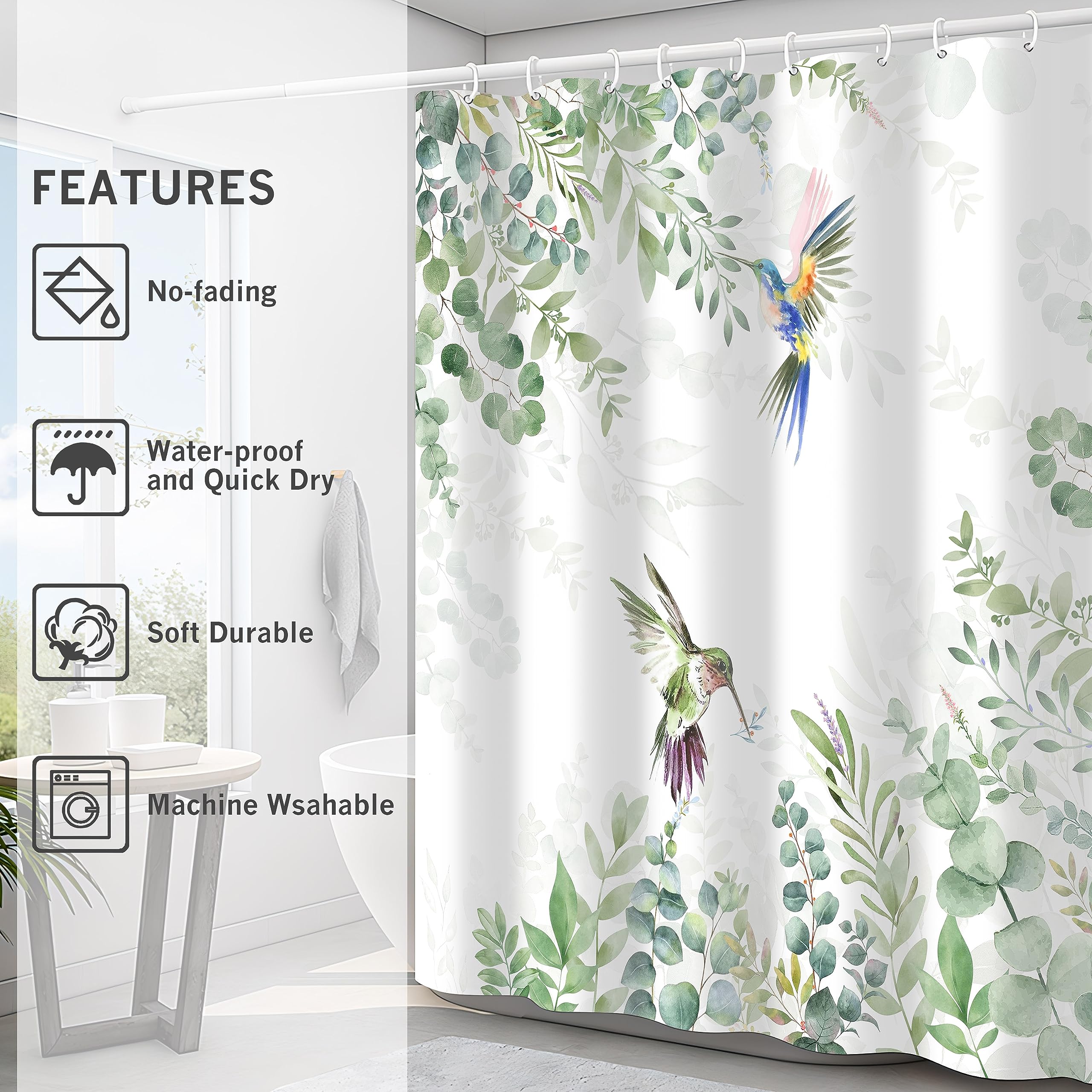 Hummingbird Sage Green Eucalyptus Leaves Shower Curtain, Spring Summer Botanical Floral Bird Home Bathroom Decor, Polyester Cott