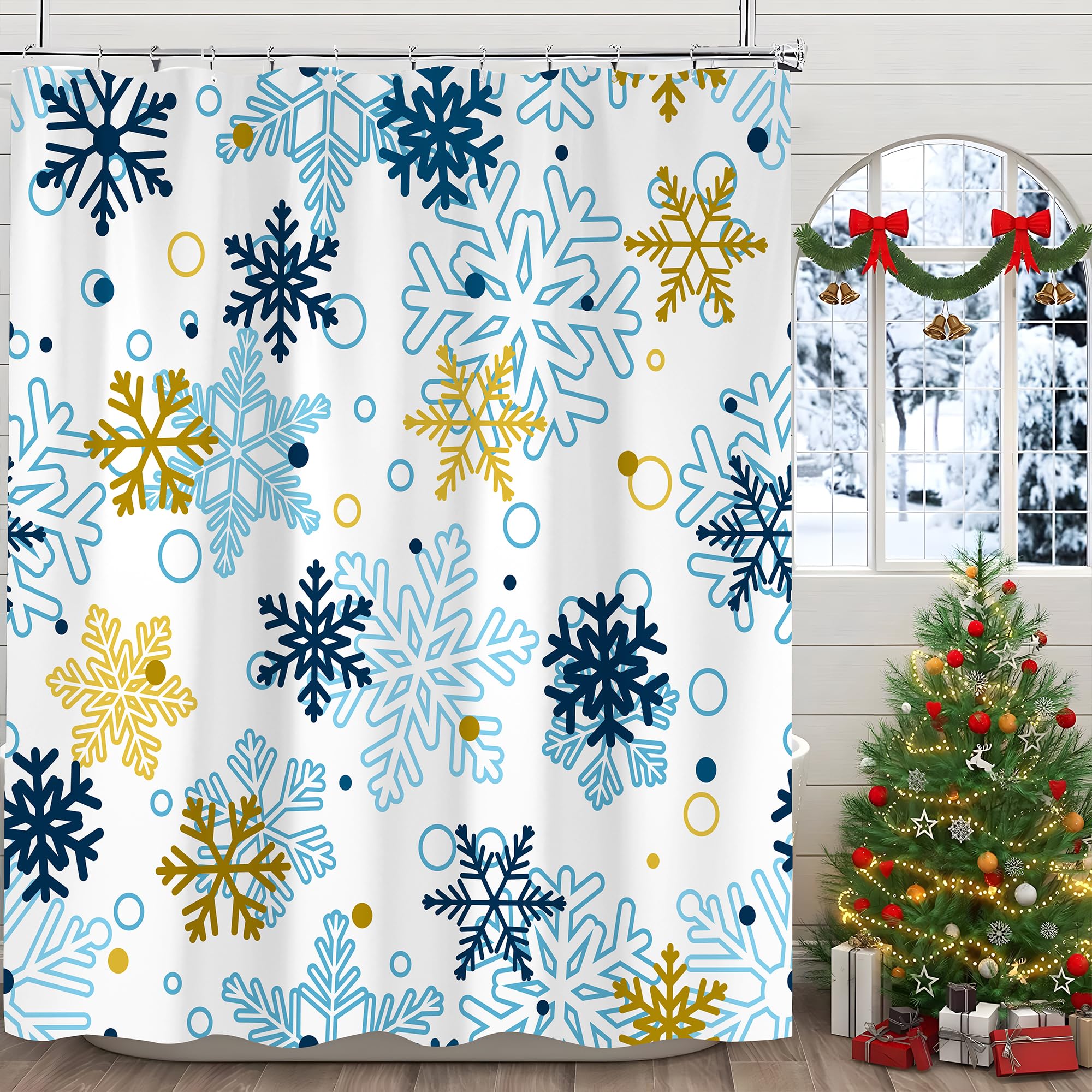 Paopoed Blue Winter Snowflake Shower Curtain, Winter Christmas Merry Xmas Funny Outside Hoilday Pattern Bathroom Decor, Waterpro
