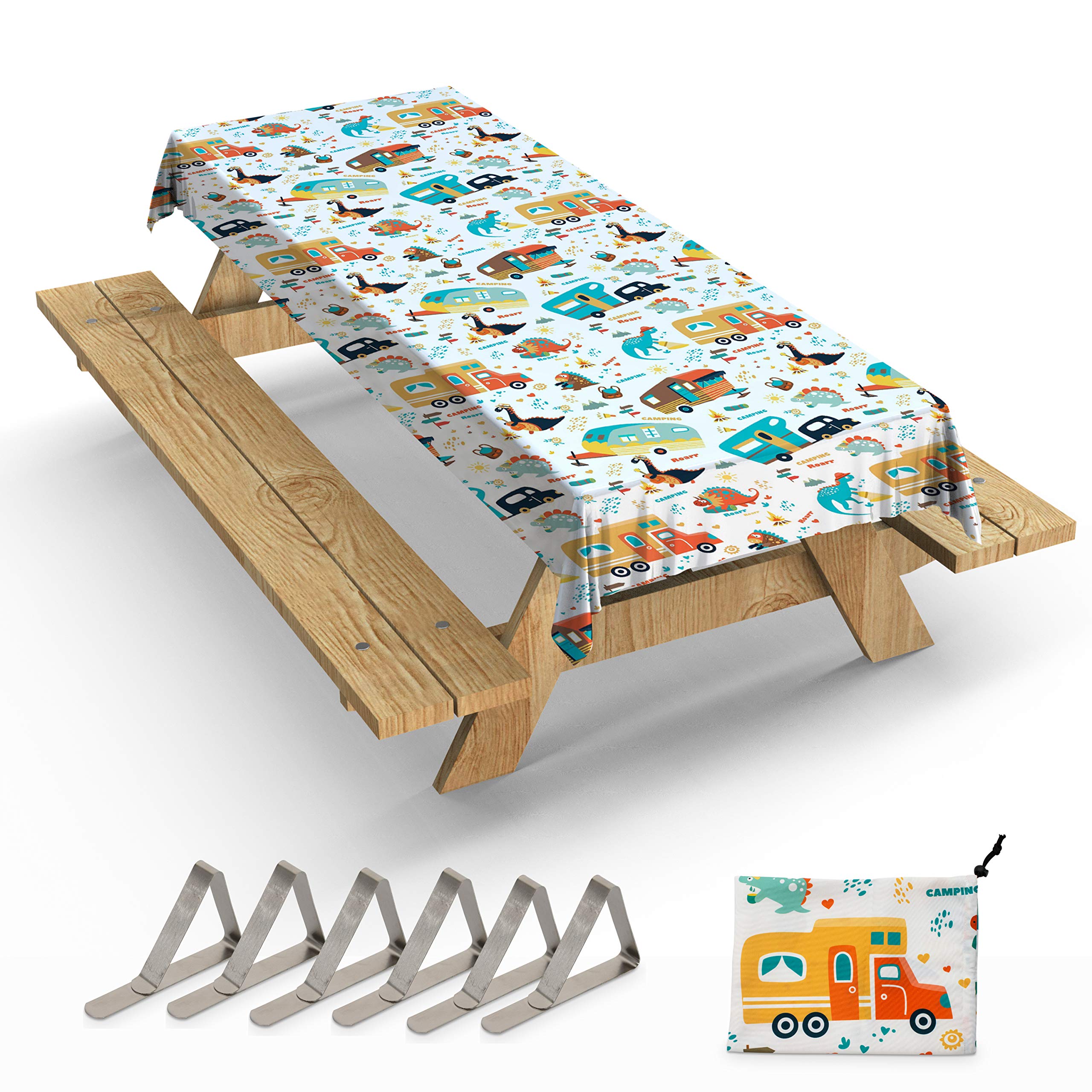 Jolly Camper Extra Thick Camping Tablecloth with Clips & Storage Bag, Picnic Tablecloth, Fits 4ft to 8ft Picnic Tables, Polyeste