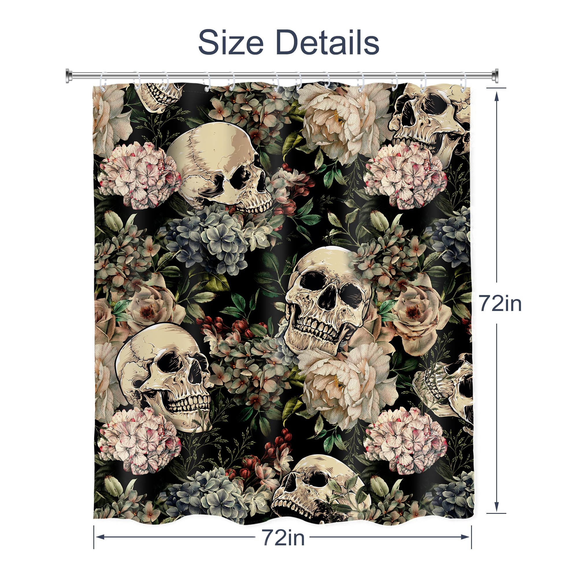 Ambzek Sugar Skull Shower Curtain 72Wx72L Inch Retro Floral Leaves Gothic Spooky Skeleton Plant Goth Vintage Mystical Artwork Cl