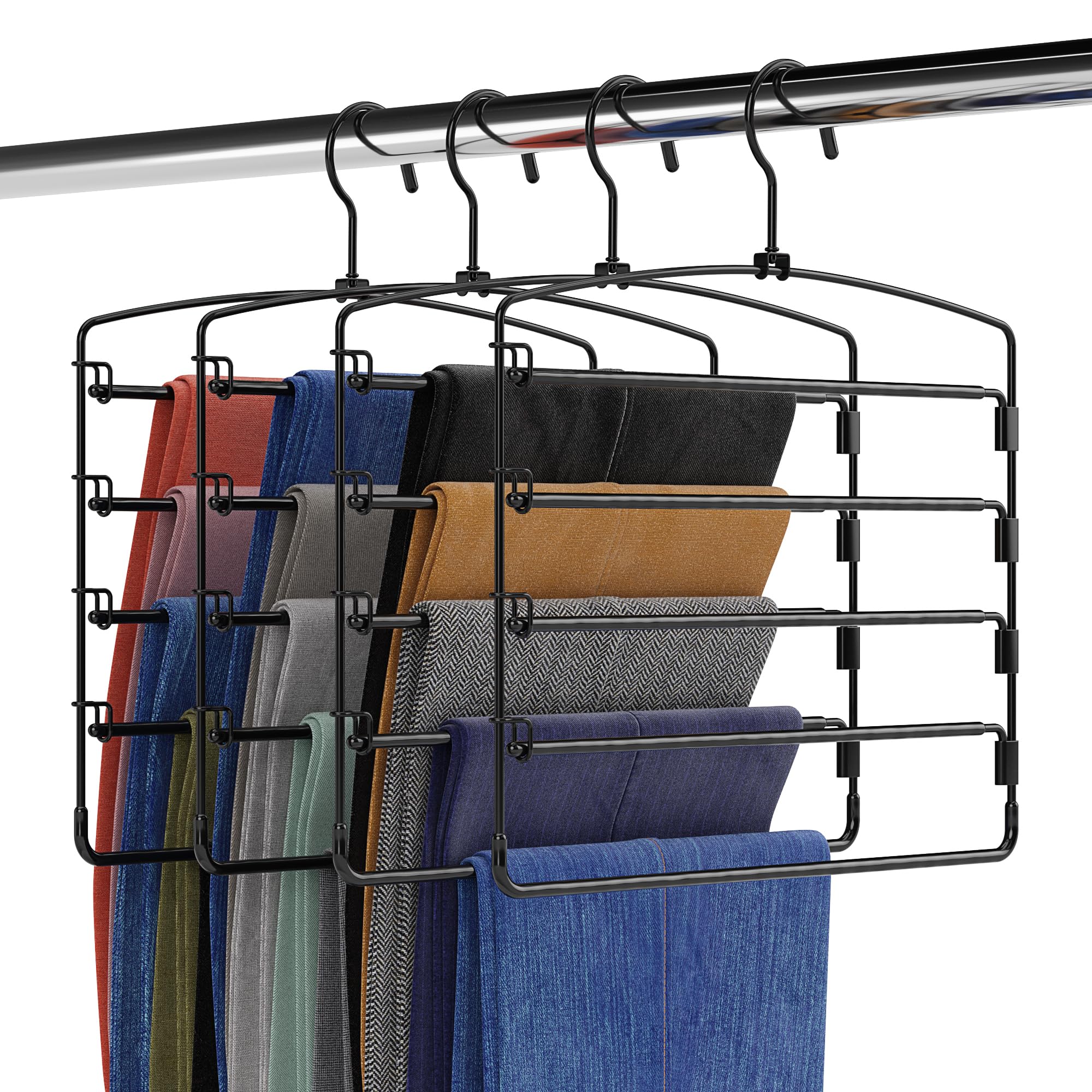 Fontaines Luxury 5 Tier Pants Hangers 4 Pack - Ultra Slim & Space Saving - Heavy Duty Metal Swivel Hook With Swing Arm For Cloth