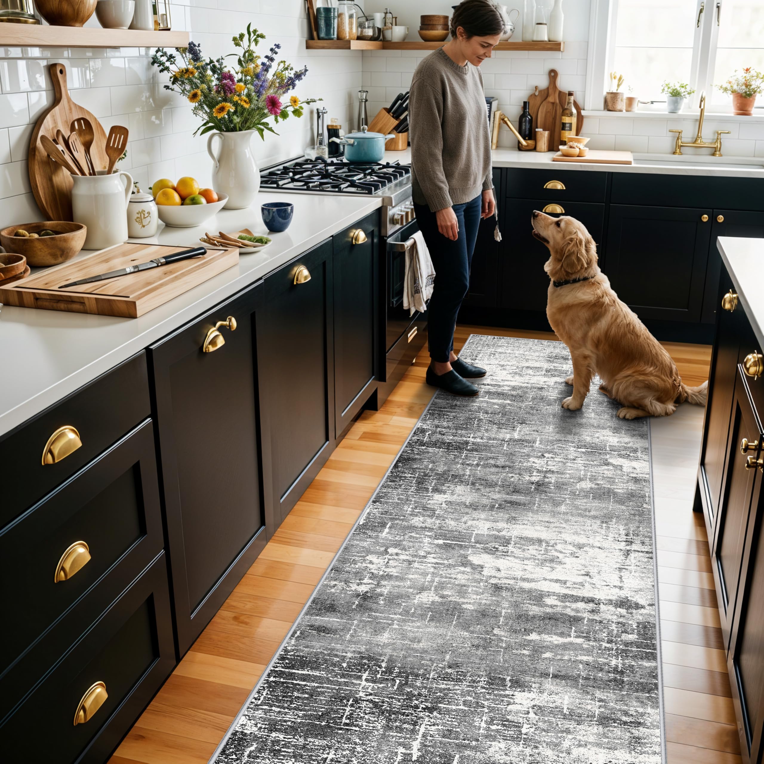 Washable 2x5 Kitchen Area Rug: Non-Slip Abstract Water-Resistant Entryway Rug Soft Sink Fridge Area Bedroom Carpet Low Pile Floo