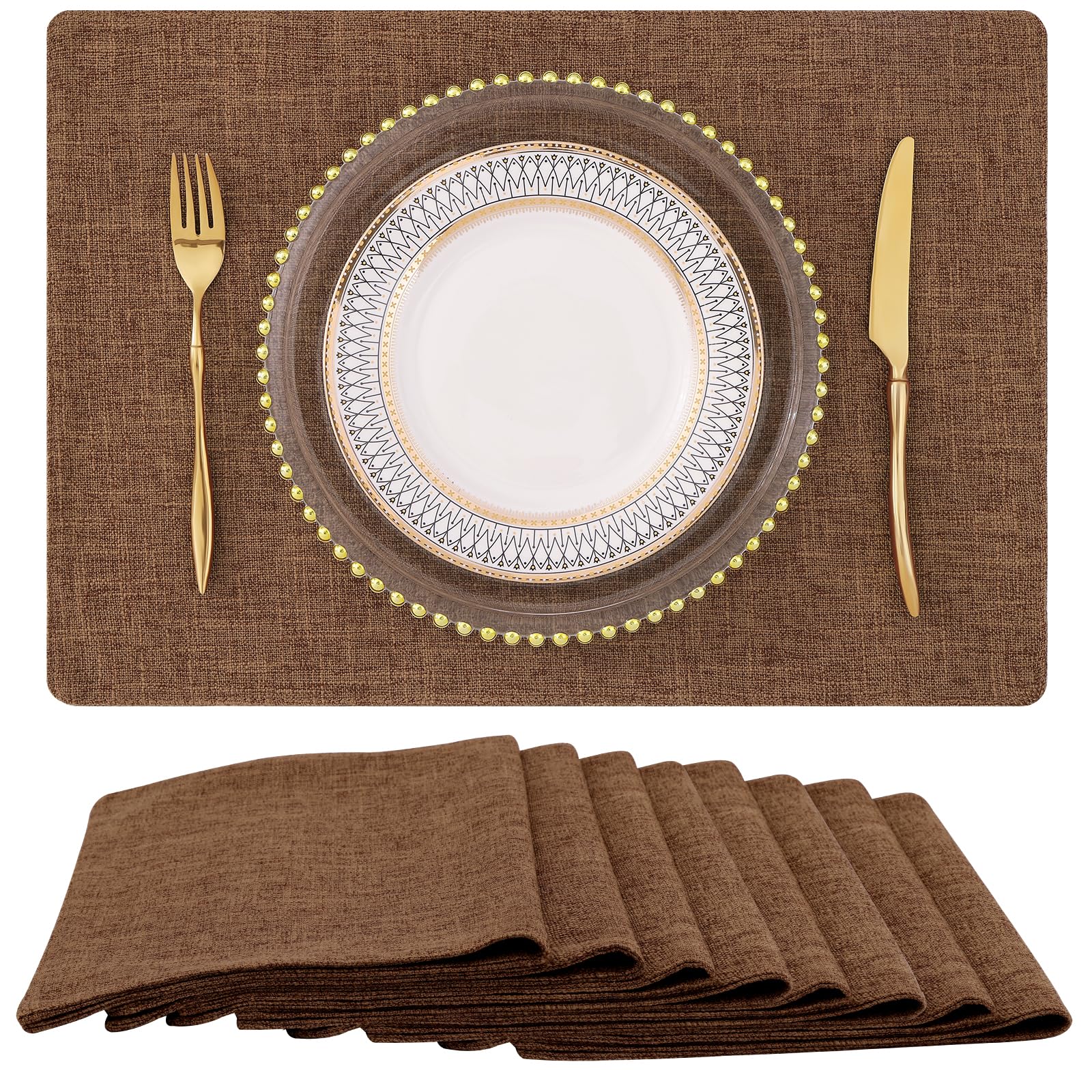 Homing Brown Cloth Placemats Set Of 8 - Cotton Linen Blend Washable Farmhouse Dining Table Mats For Indoors & Outdoors, Easy To