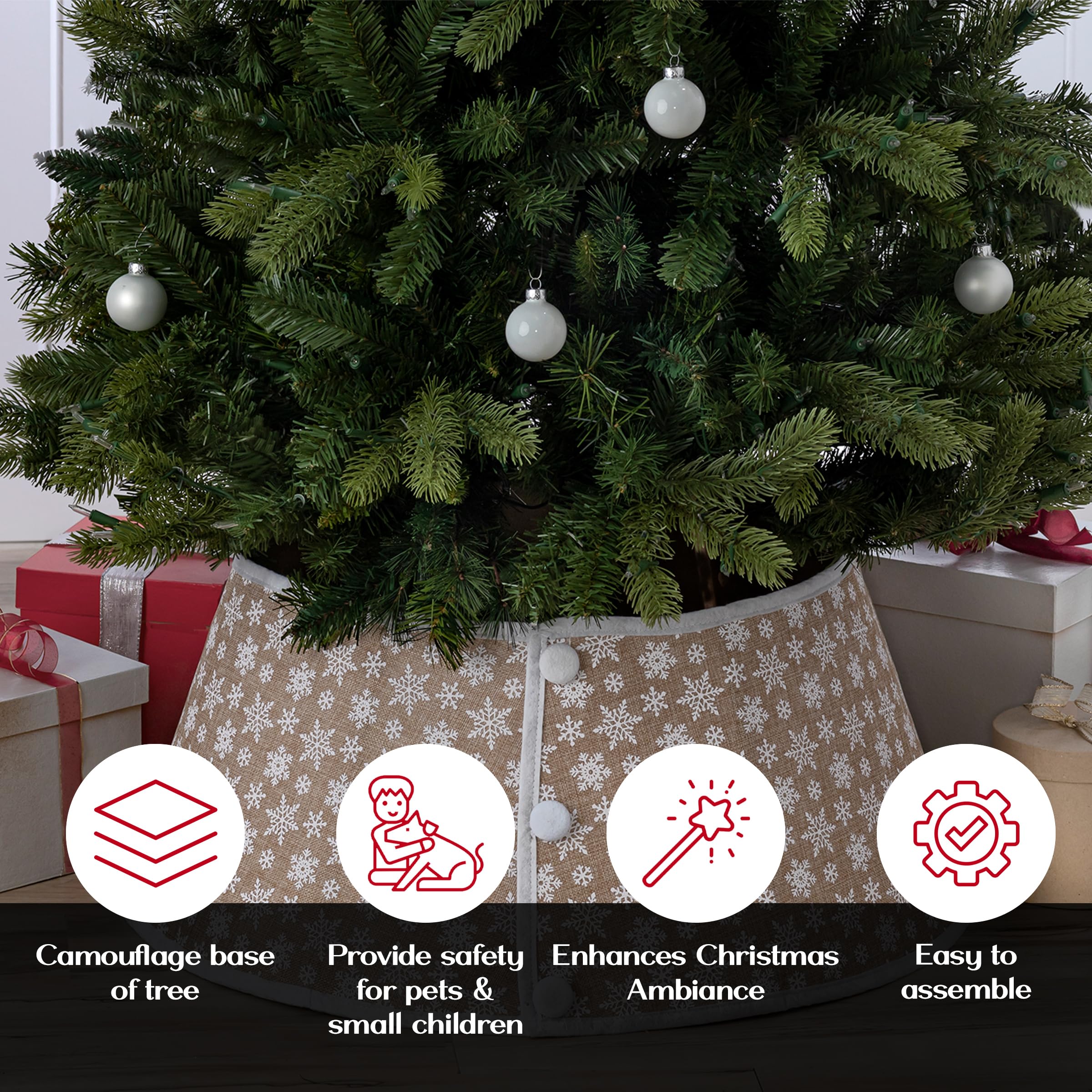 New Traditions Tan Burlap Christmas Tree Collar with White Snowflakes - 26 Diameter Fabric Stand Band for Artificial & Natural T