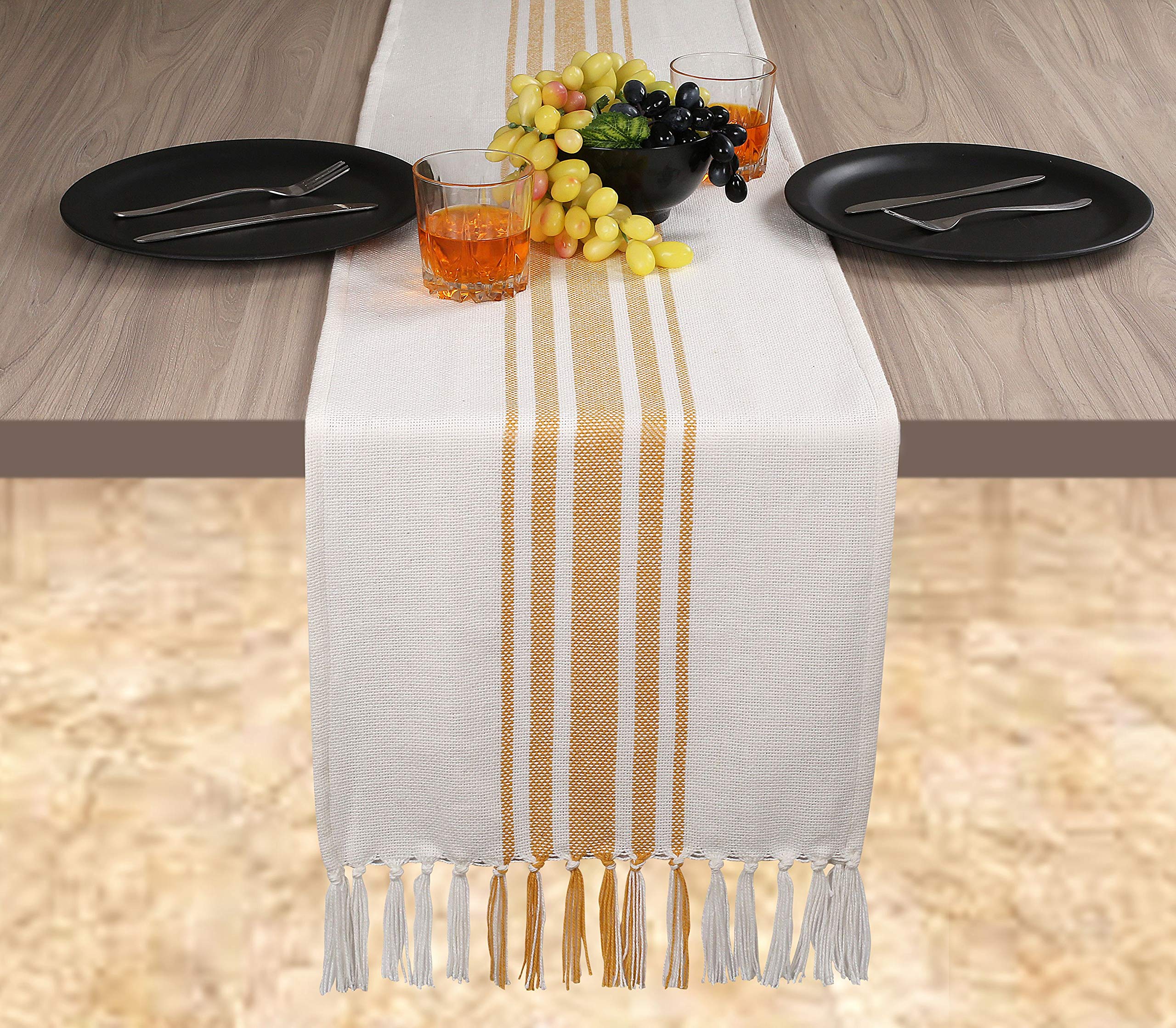 Native Fab Pure Cotton Table Runner Farmhouse 108 Inches Long - Wedding Table Runners With Fringes, Parties Rustic Bridal Shower