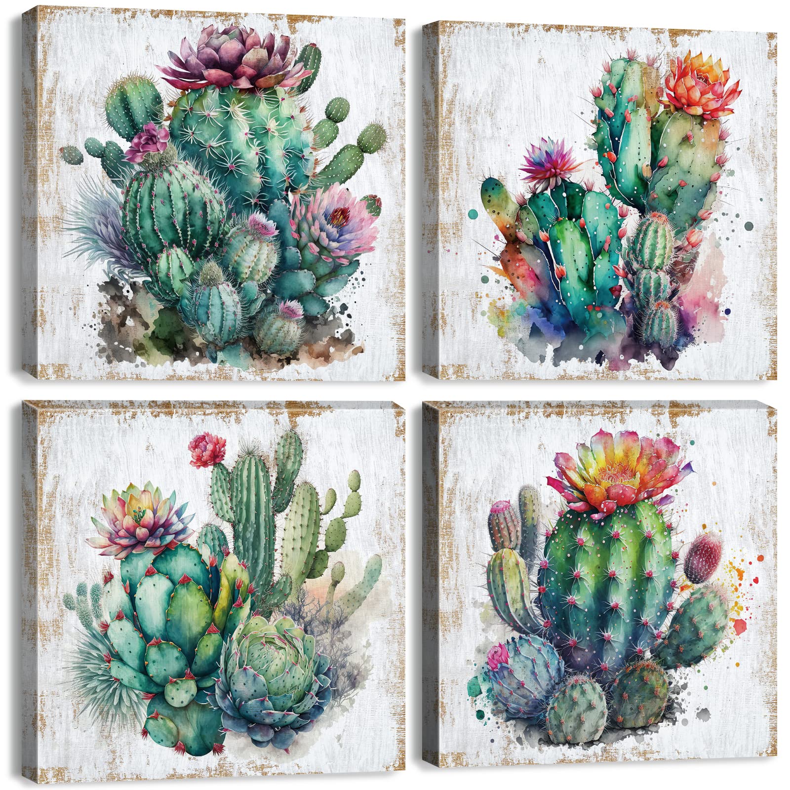 Cactus Wall Art Succulent Bathroom Decor Watercolor Green Wall Art Plants Canvas Pictures Colorful Spiny Flower Posters Botanica