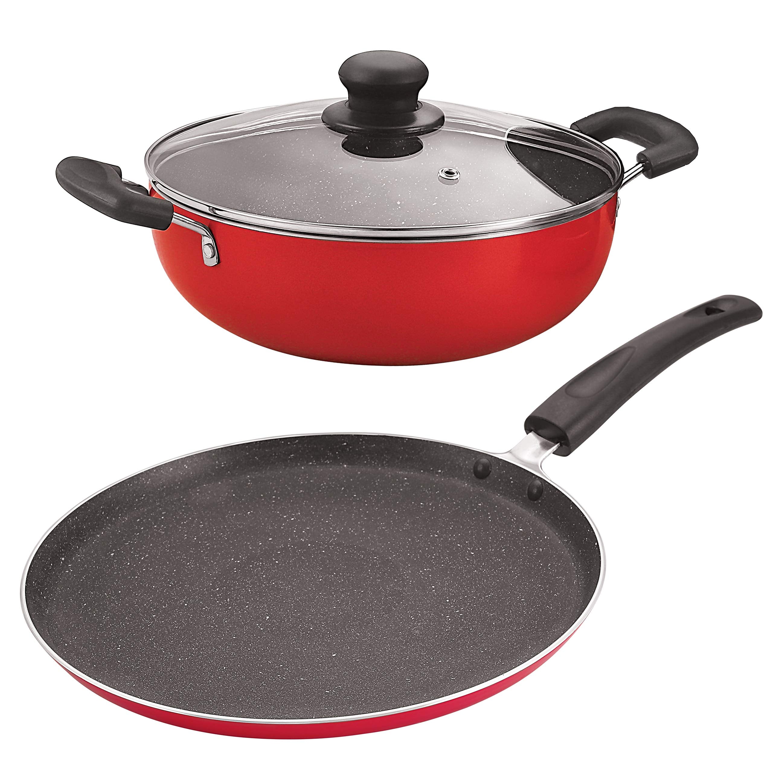 Nirlon Ruby Granite 3Piece Aluminium Non Stick Dishwasher Safe Cookware Combo Set [1 Flat Dosa Tawa 260Mm|1 Kadhai 24Mm3 Liter