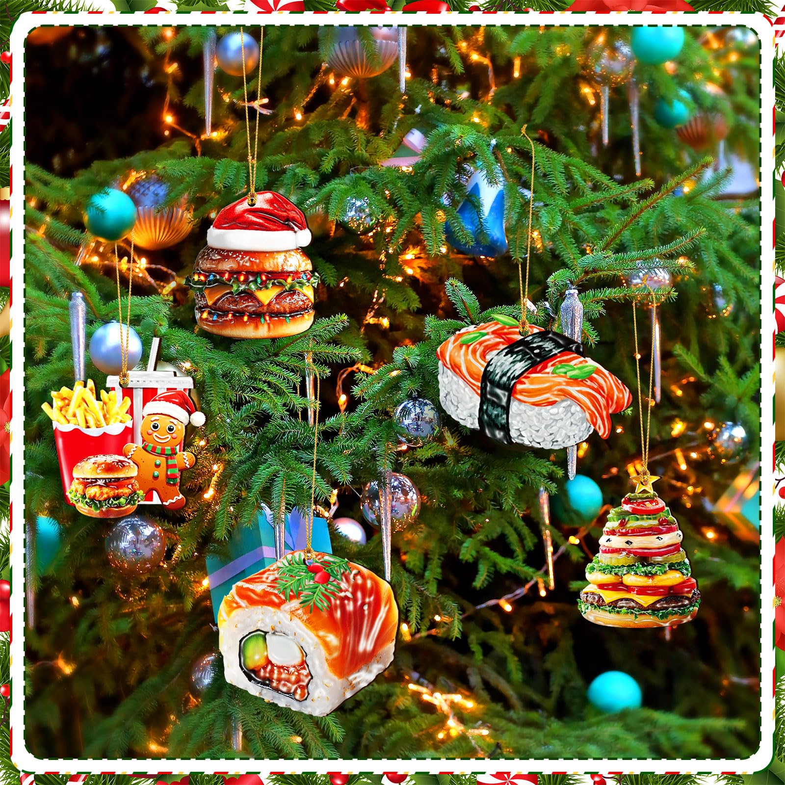 Vercraft 20 Pcs Food Christmas Ornaments with Santa Hat Flat Wooden Kitchen Cuisine Cutouts Burgers Pizza Sushi Tree Ornaments w