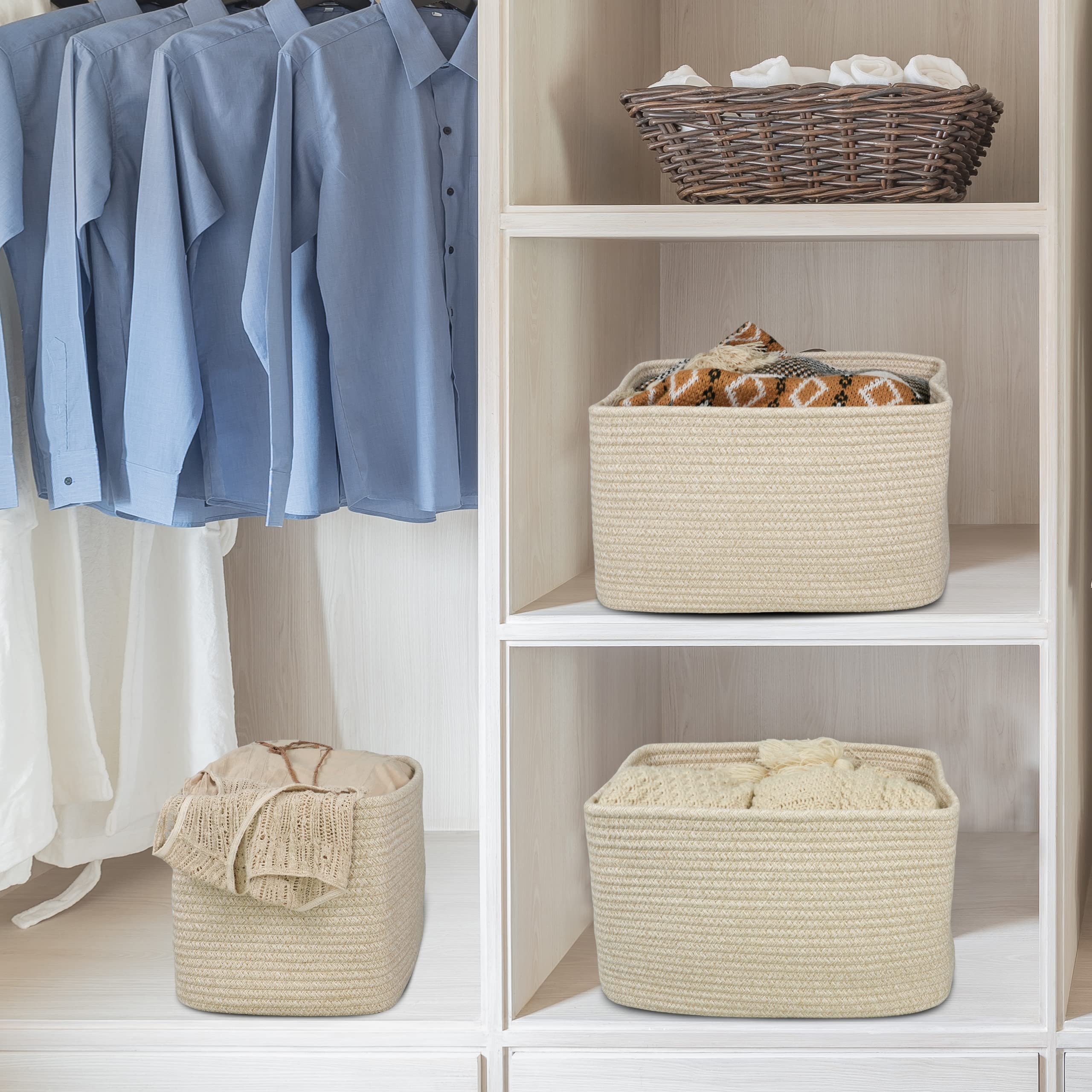 Xuanguo Rope Storage Basket Bins Woven Basket For Organizing Shelves Rectangle Decorative Baskets For Storage Clothes Toys Books