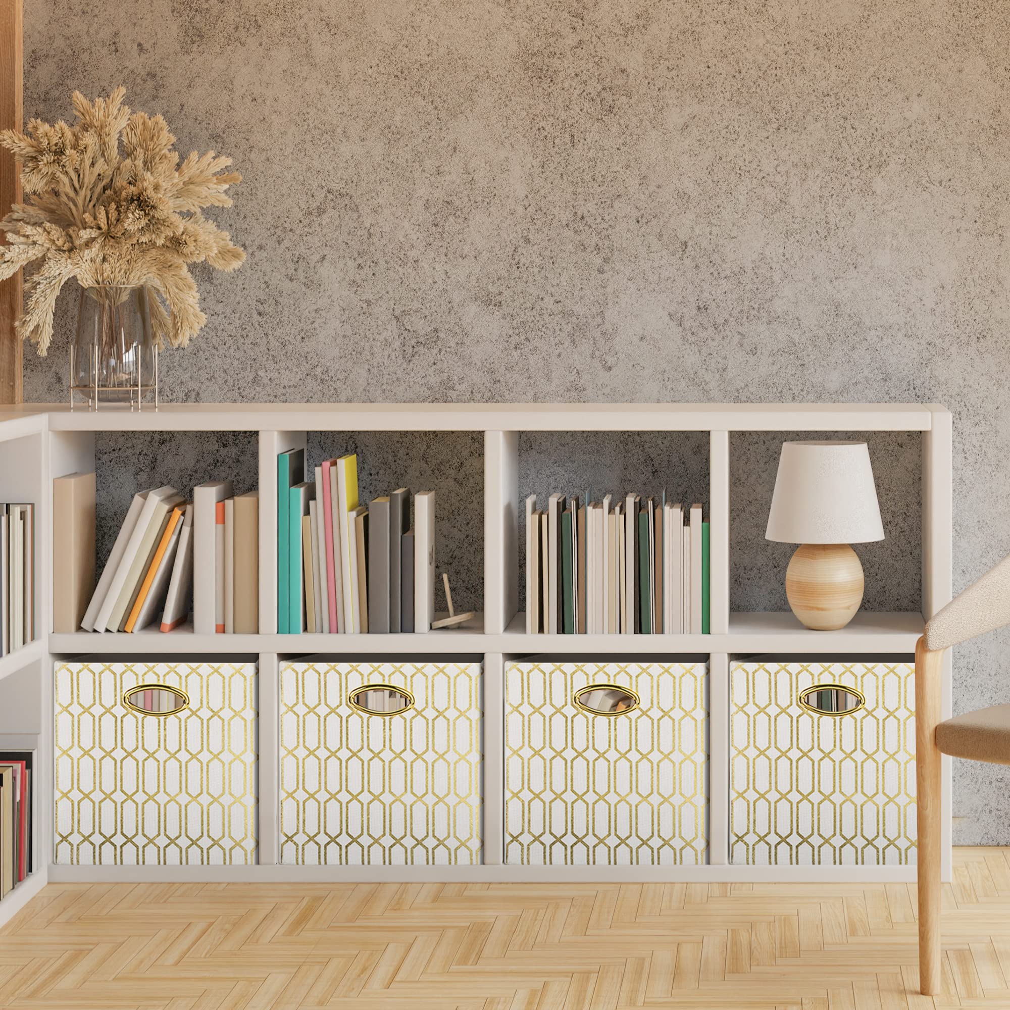 Posprica Storage Bins, Storage Cubes,13  13 Fabric Drawers Organizer Basket Boxes Containers (13  13  13/4Pcs, Cream/Gold Geomet