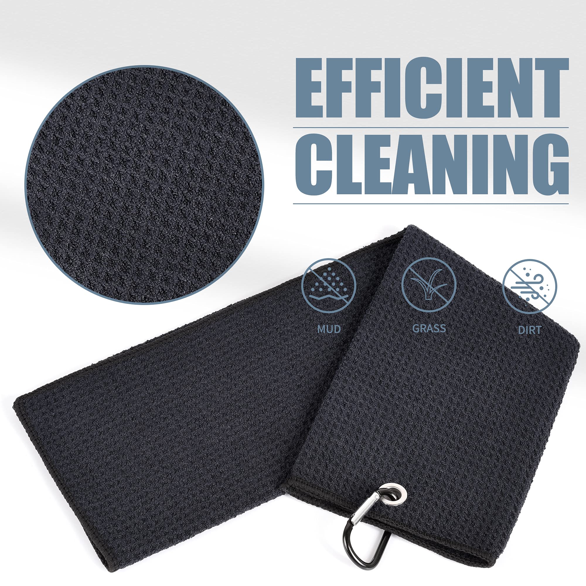 Mile High Life Tri-fold Golf Towel  Premium Microfiber Fabric  Waffle Pattern  with Heavy Duty Carabiner Clip  Black Golf Towel for Men and Women  16x21 (Black)