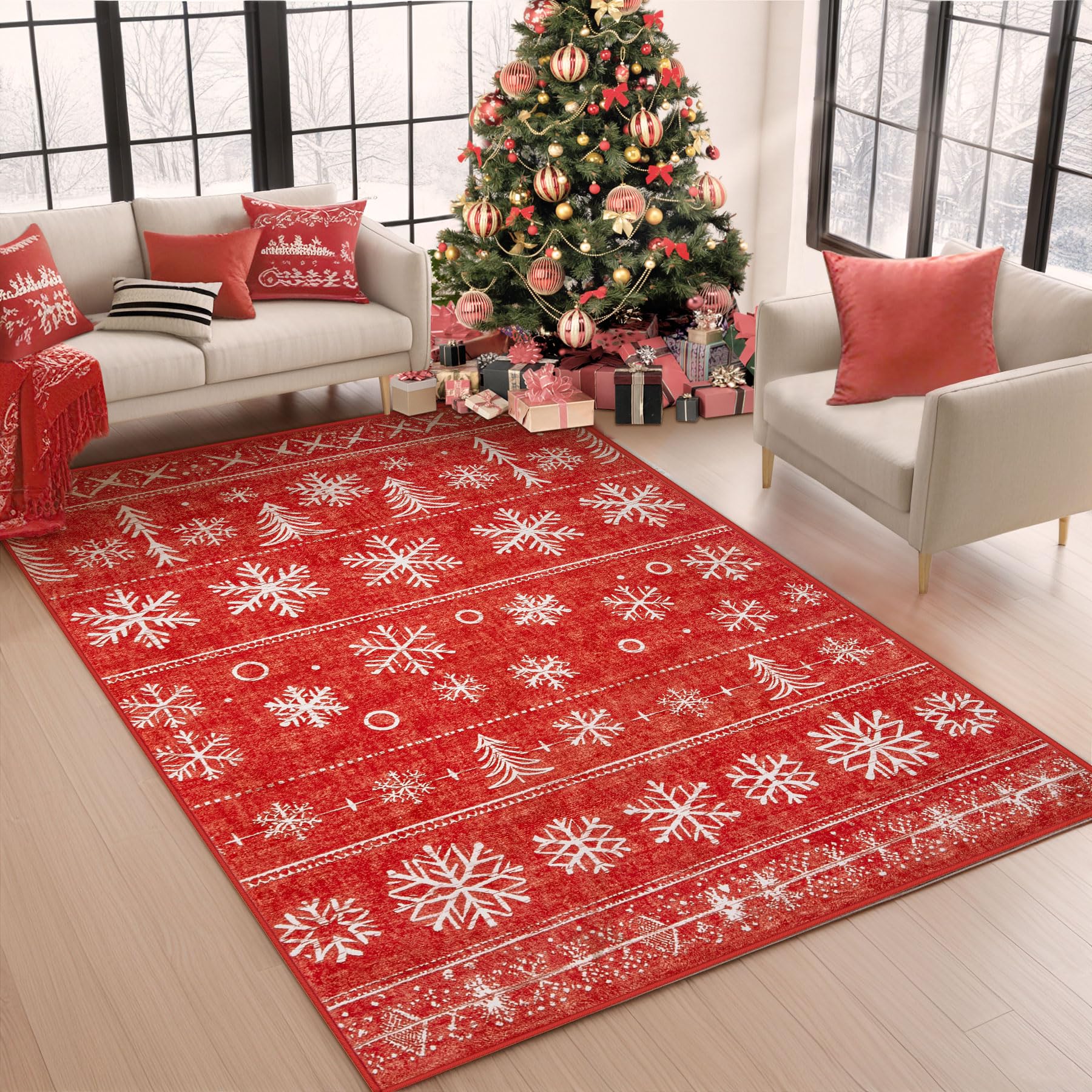 Christmas Area Rug 4x6 Rugs: Washable Living Room Rug Xmas Holiday Decor Rugs Snowflake Low Pile Boho Rug Indoor Floor Carpet fo