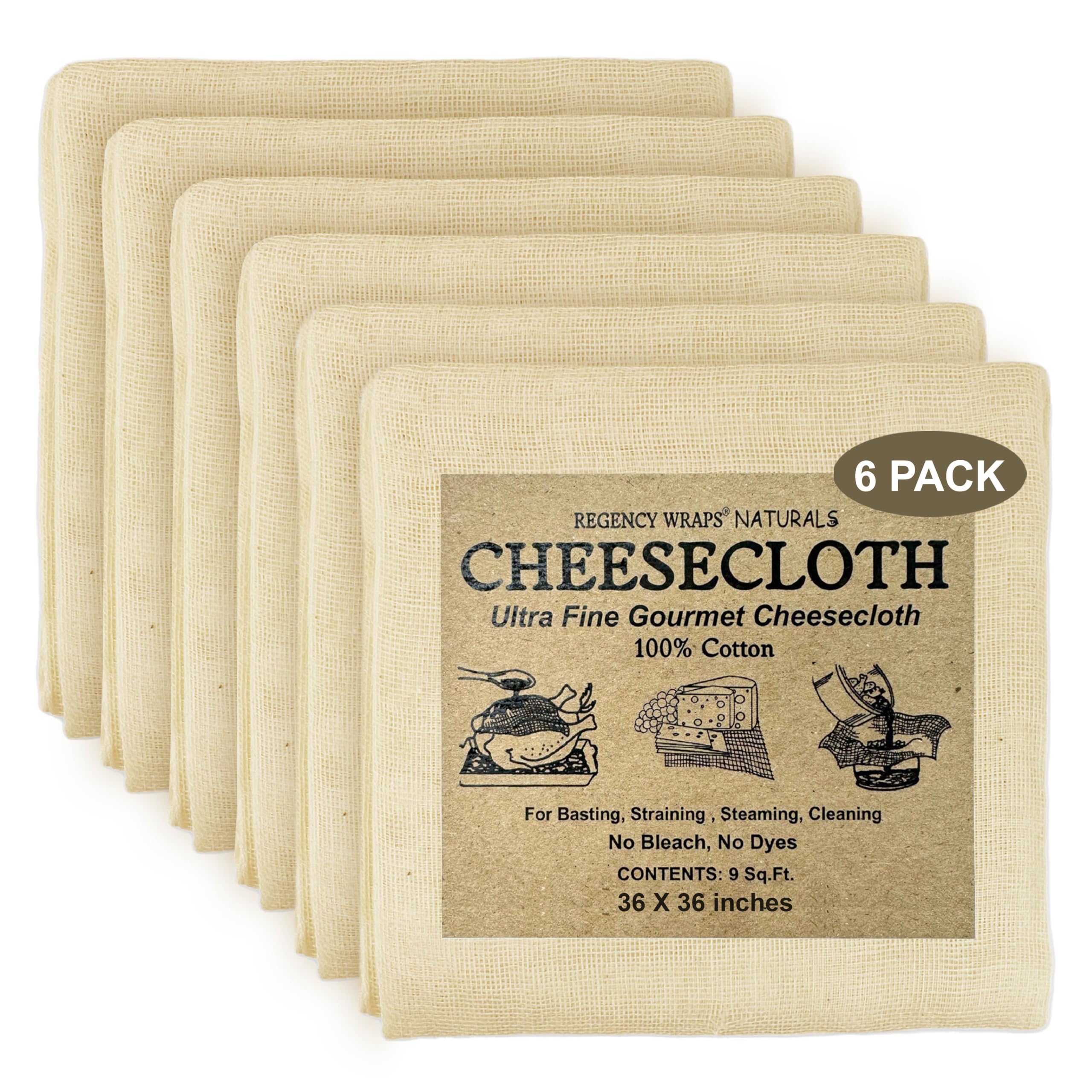 Regency Wraps 100% Cotton Ultra Fine Natural Cheese Cloth, 54 Sq.Ft 36'' X36'' 6 Pcs, Chef Grade For Basting Turkey, Canning, St
