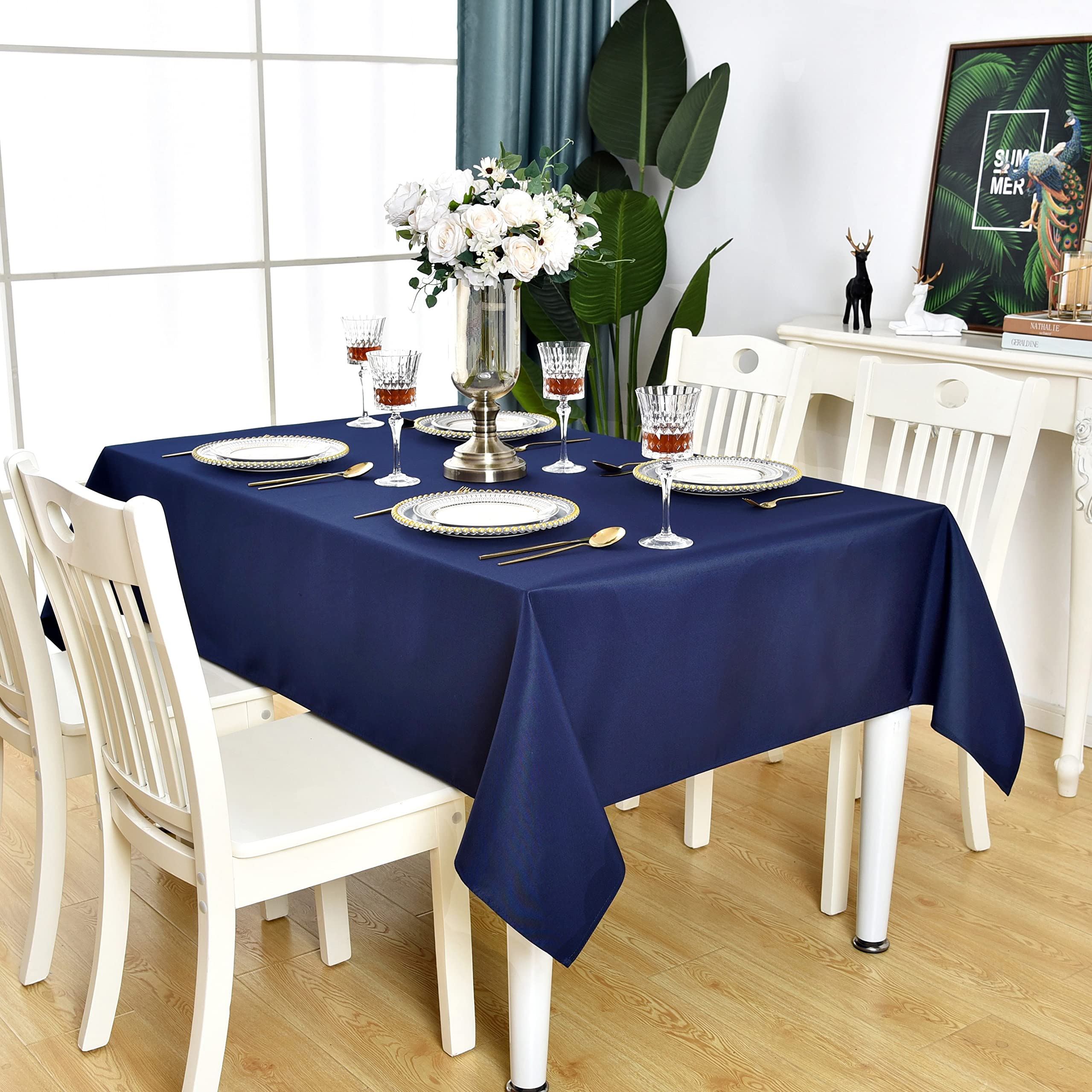 Kaipho Navy Blue Square Tablecloth Waterproof Stain Resistant Wrinkle Free Table Cloth 210Gsm Polyester Wipeable Table Cover For