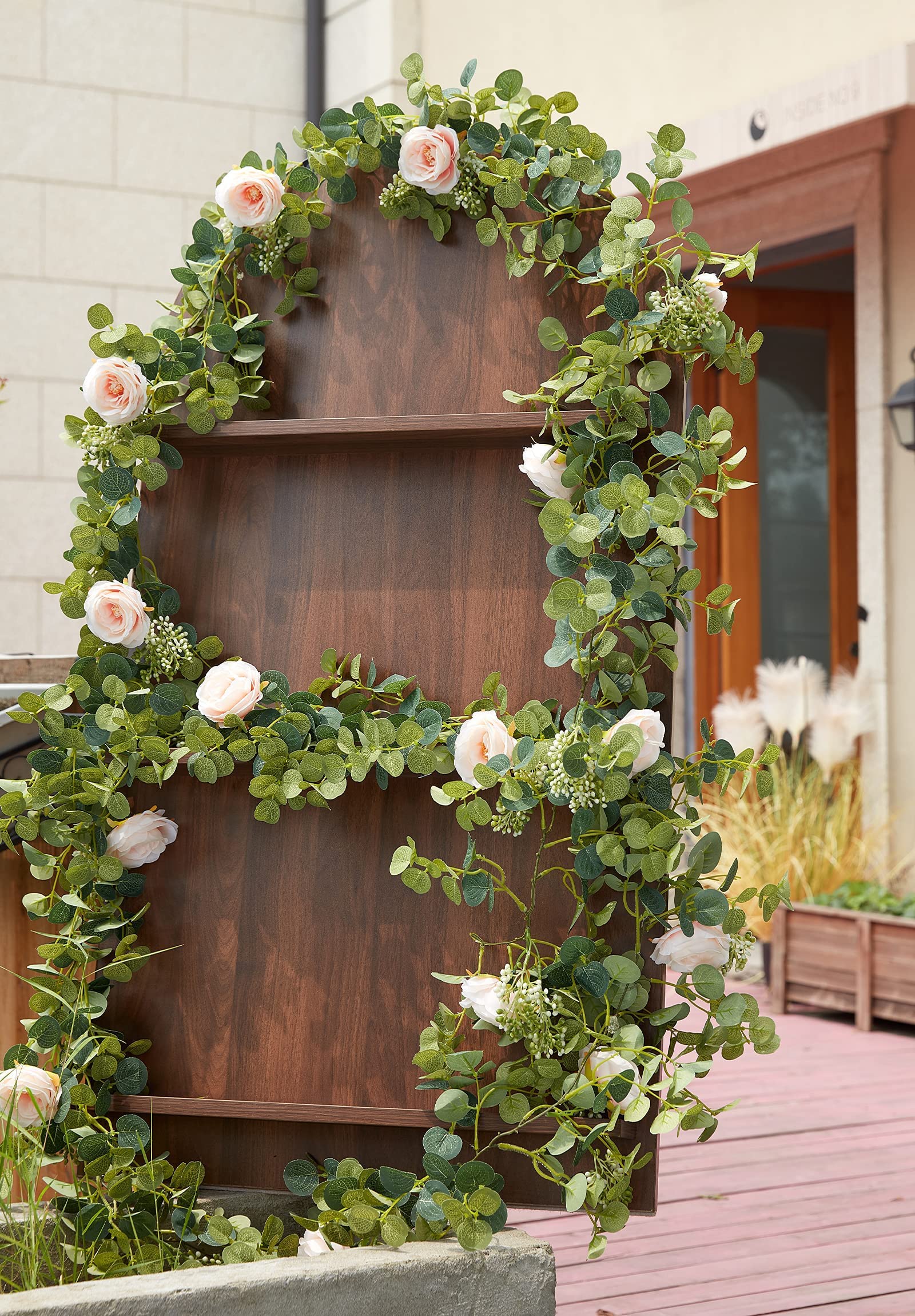 Party Joy 6.56Ft Eucalyptus Garland With Flowers-8 Pink Roses-Lush,Natural Looking, Floral Garland Greenery Garland For Party We