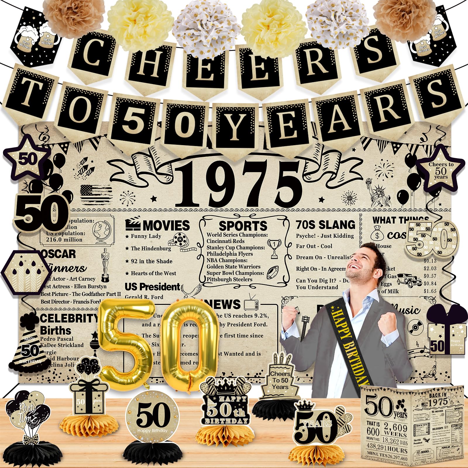 50Th Birthday Decorations For Men Women,24Pcs 1975 Banner Decorations,Including Banner,9 Honeycomb Topper,50 Balloons,Anniversar