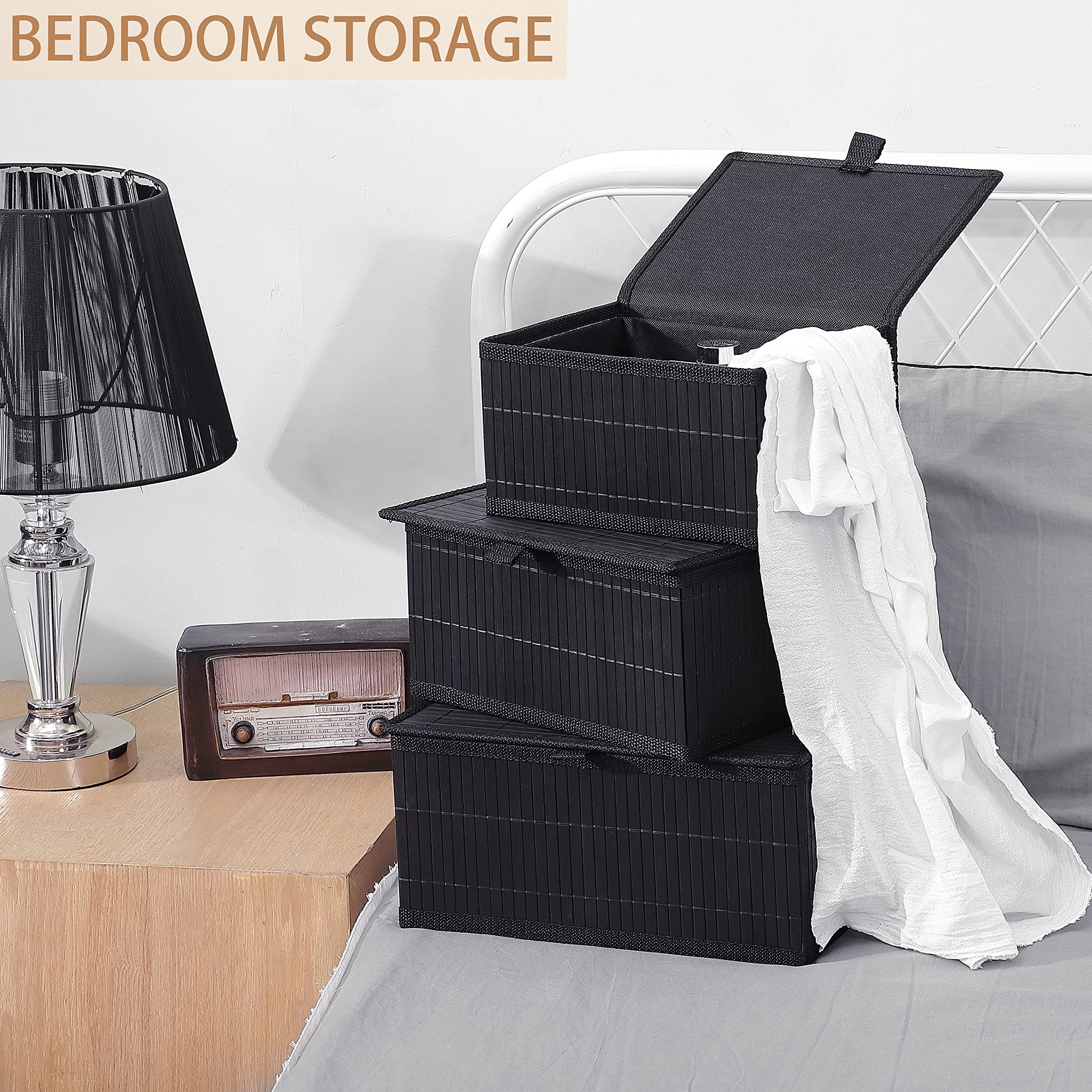 Honygebia Bamboo Decorative Storage Boxes - Set Of 3 Woven Lined Storage Basket With Lids, Black Wicker Lidded Baskets For Home