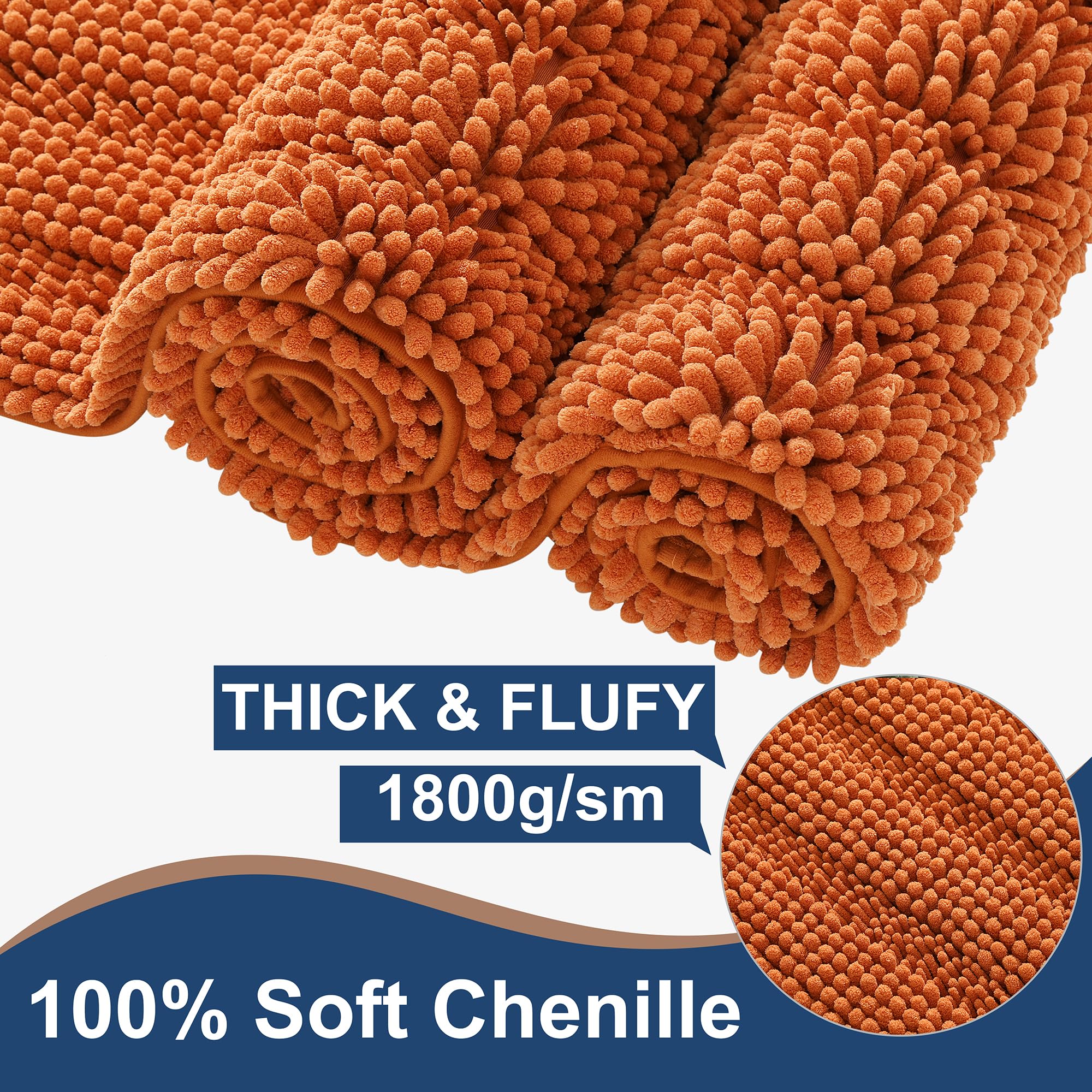 Non Slip Thick Shaggy Chenille Burnt Orange Bathroom Rug Sets 2 Piece, Thickened Hot Melt Rubber Bottom Bath Mats For Bathroom,