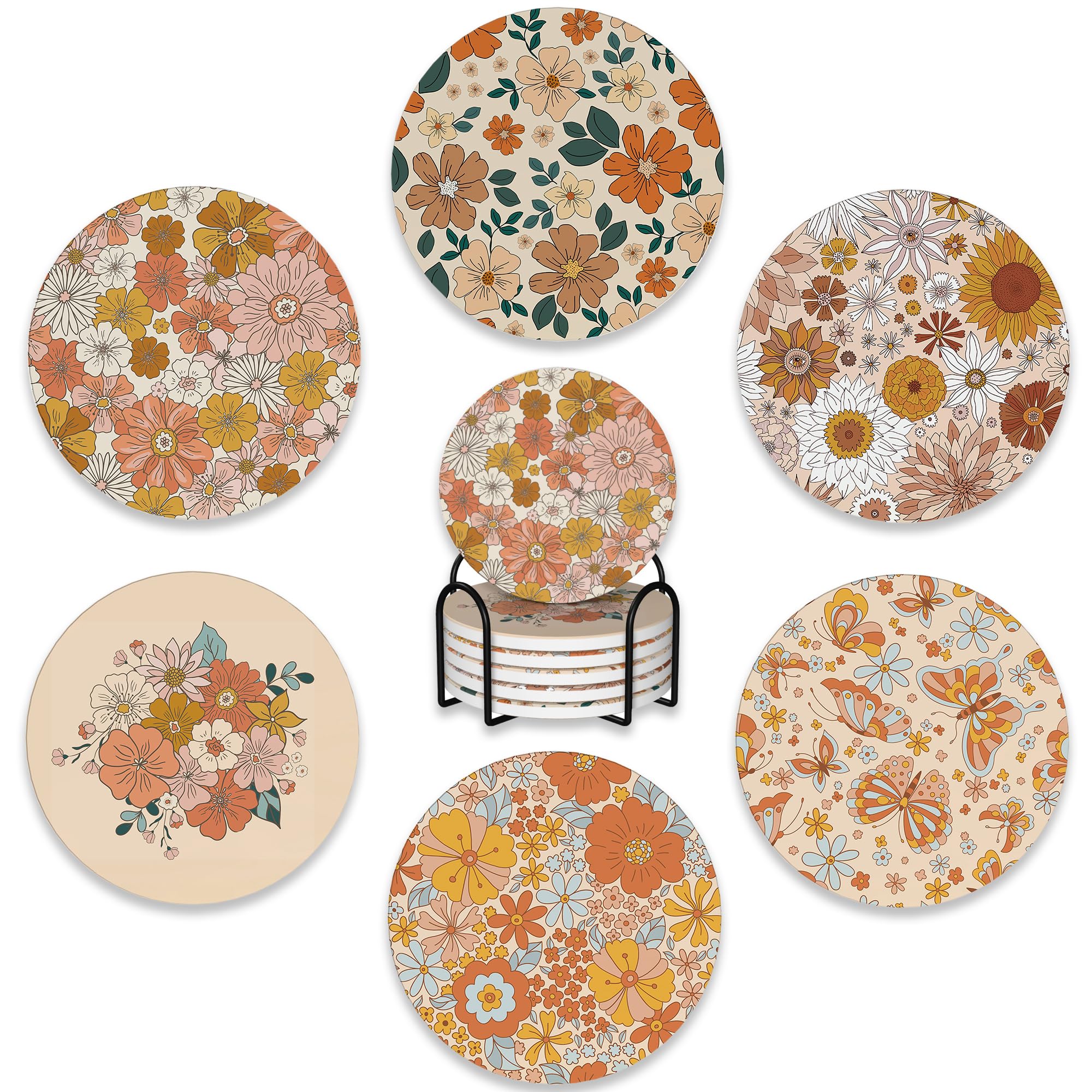 6 Pcs Coasters For Drinks With Holder,Retro 70S 60S Floral Hippie Flowers Absorbent Coaster With Cork Backing,Great Gift For Hou