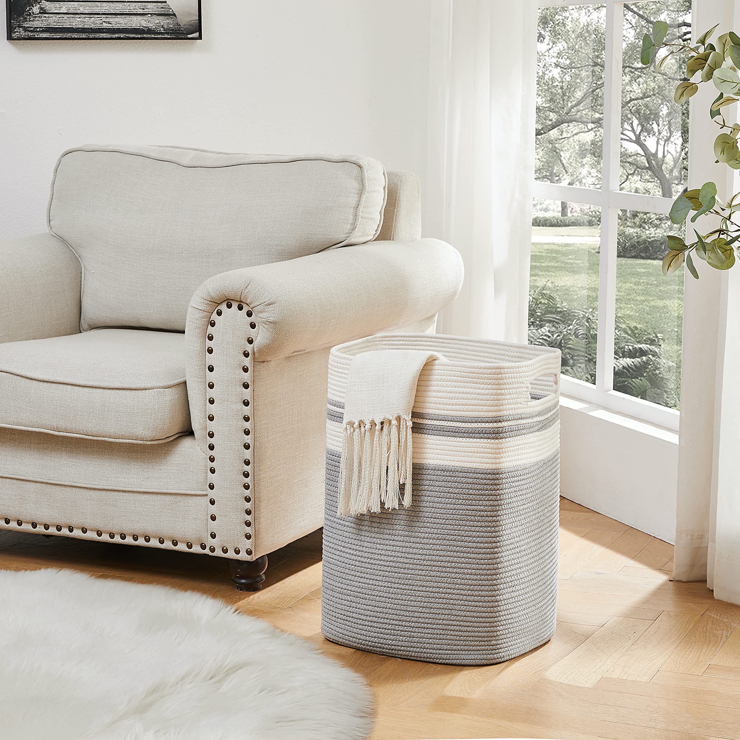 Oiahomy Laundry Hamper-Laundry Basket,Tall Cotton Storage Basket With Handles,Decorative Blanket Basket For Living Room,Collapsi