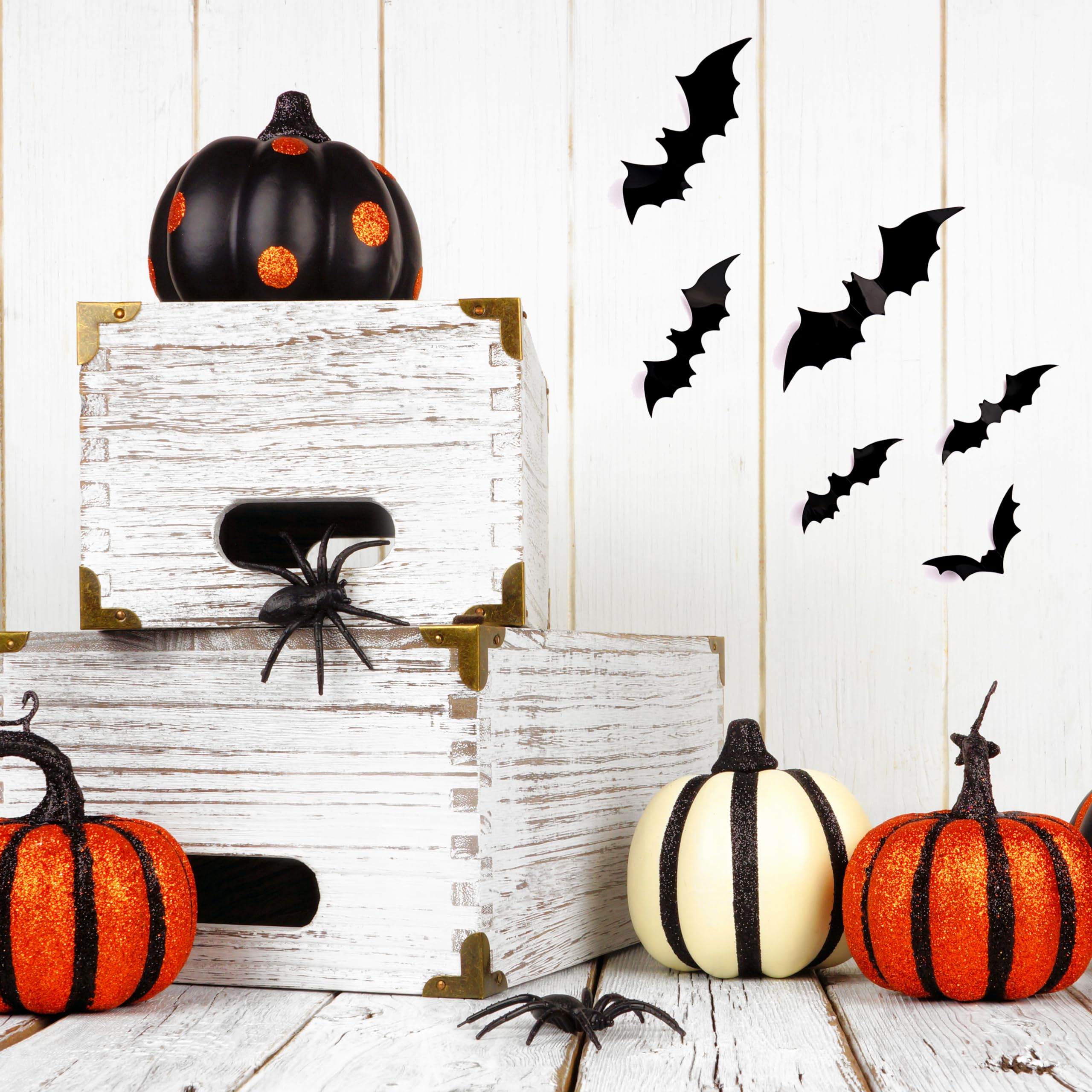 Bobobag 120 Pcs 3D Bats Halloween Decorations,Halloween Wall Decor 4 Sizes Black Bats Sticker For Wall Window