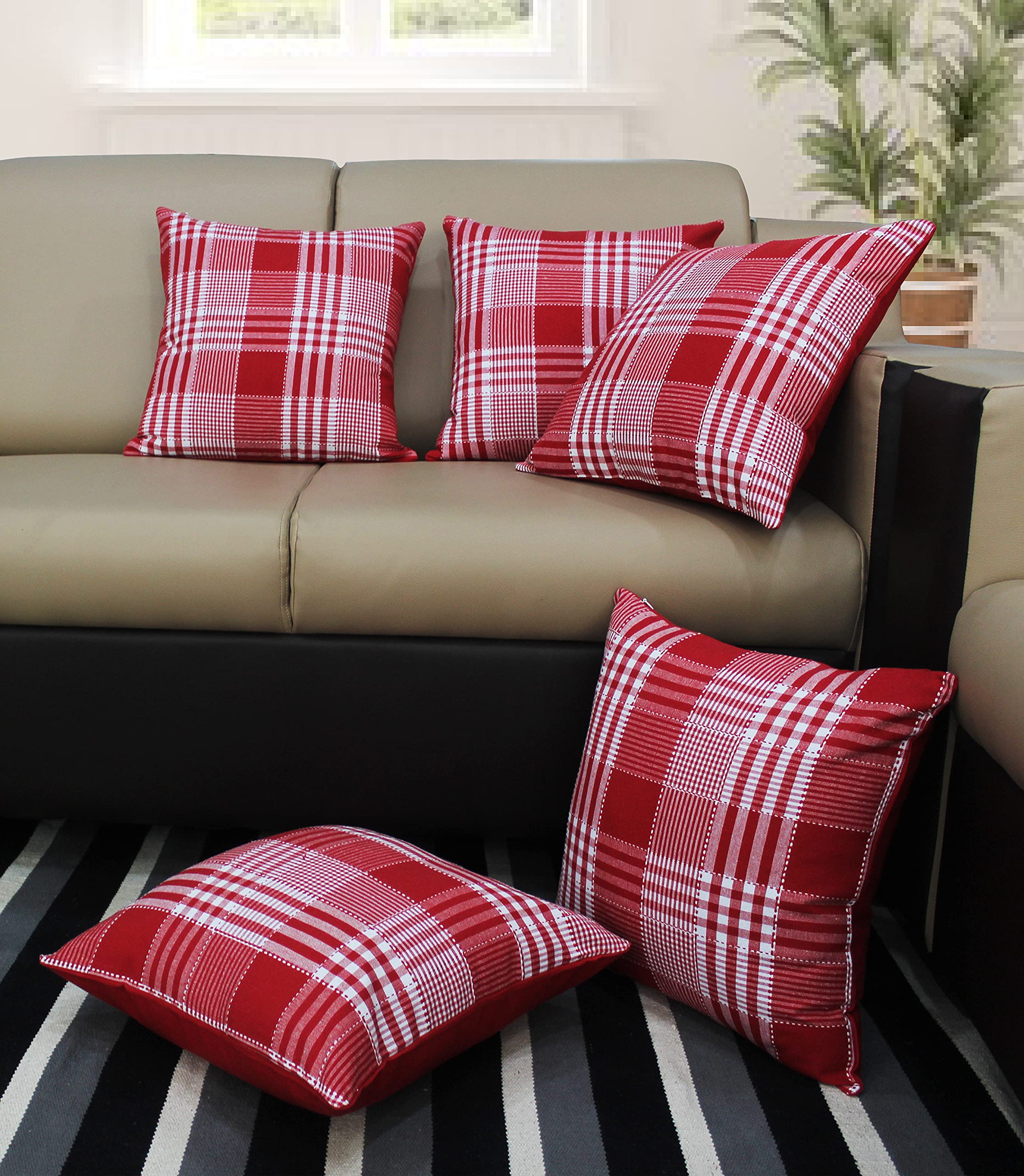 Airwill Cotton Themed Cushion Covers For Cushions & Pillows (Red & White, Pack Of 5)