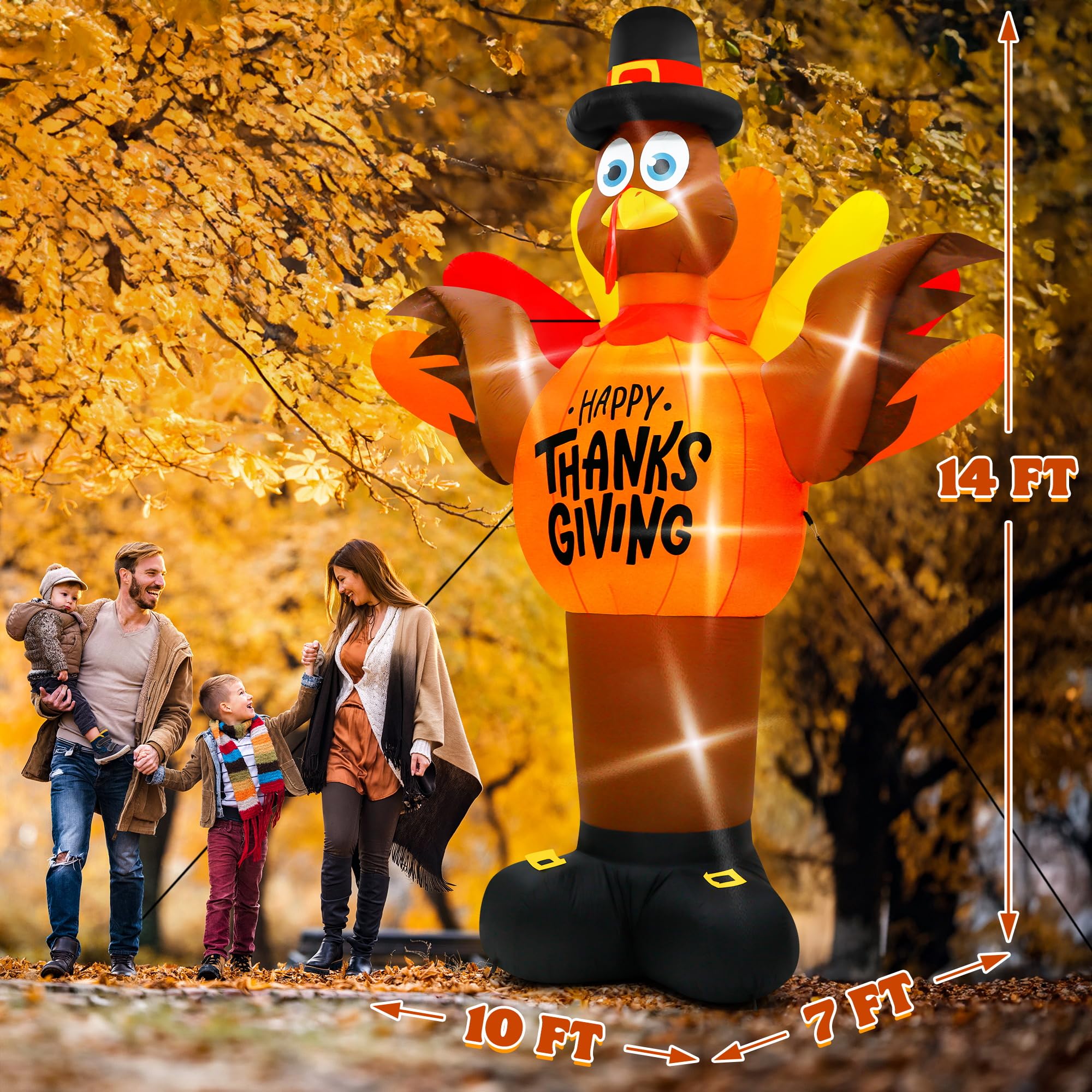 14FT Thanksgiving Turkey Inflatables, Extra Large Blow Up Thanksgiving Turkey Wearing Pumpkins, Pre-lit Happy Thanks Giving Outd