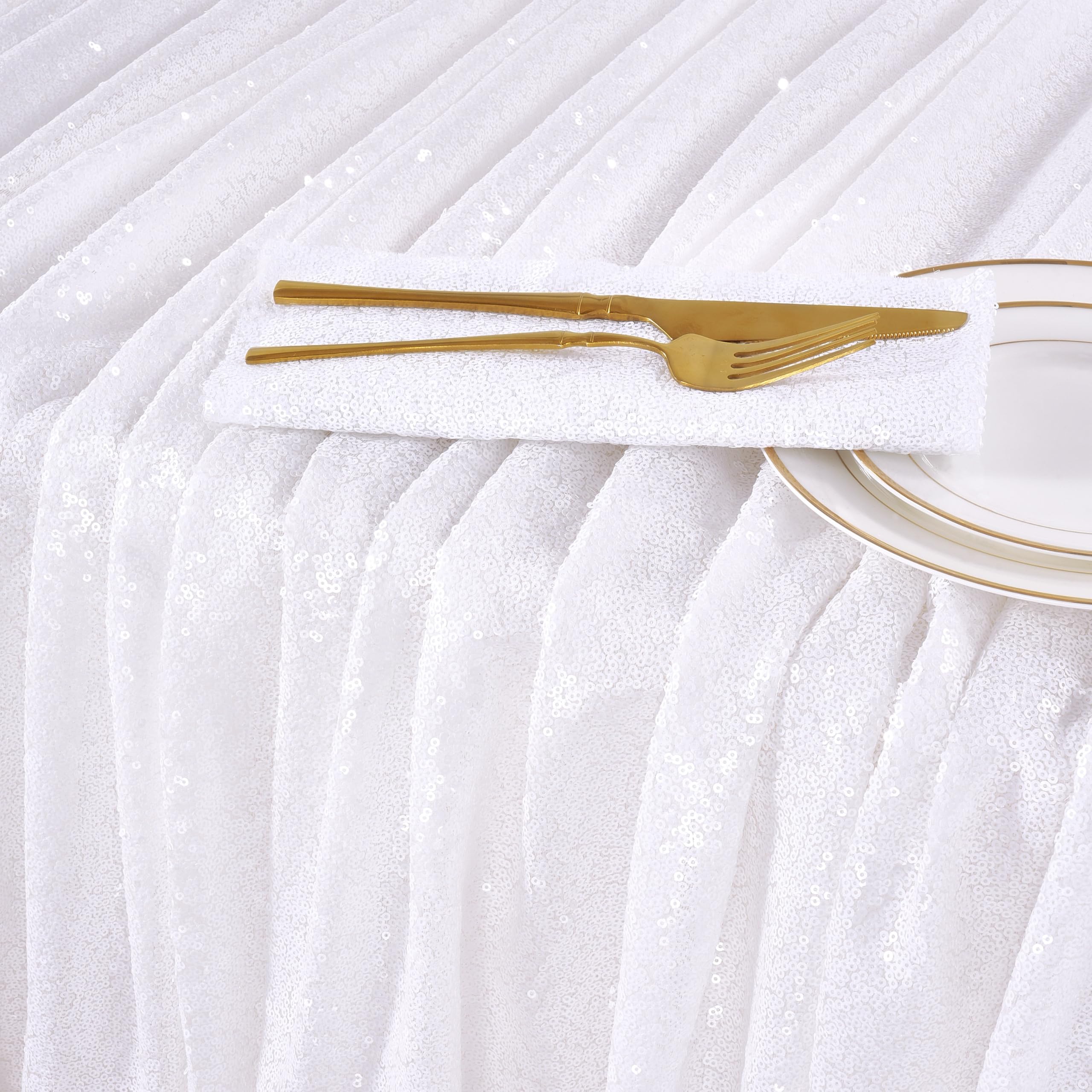Queendream White Wedding Tablecloth 90X90 Inch Sequin Fabric Table Cloths Rectangle Sparkle Anniversary Banquet Halls Christmas