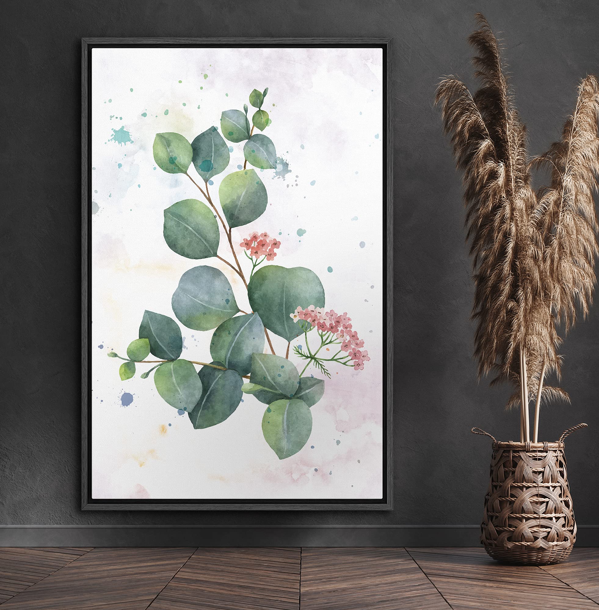 Signford Framed Canvas Print Wall Art Watercolor Green Leaves Nature Wilderness Illustrations Modern Art Contemporary Relax/Calm