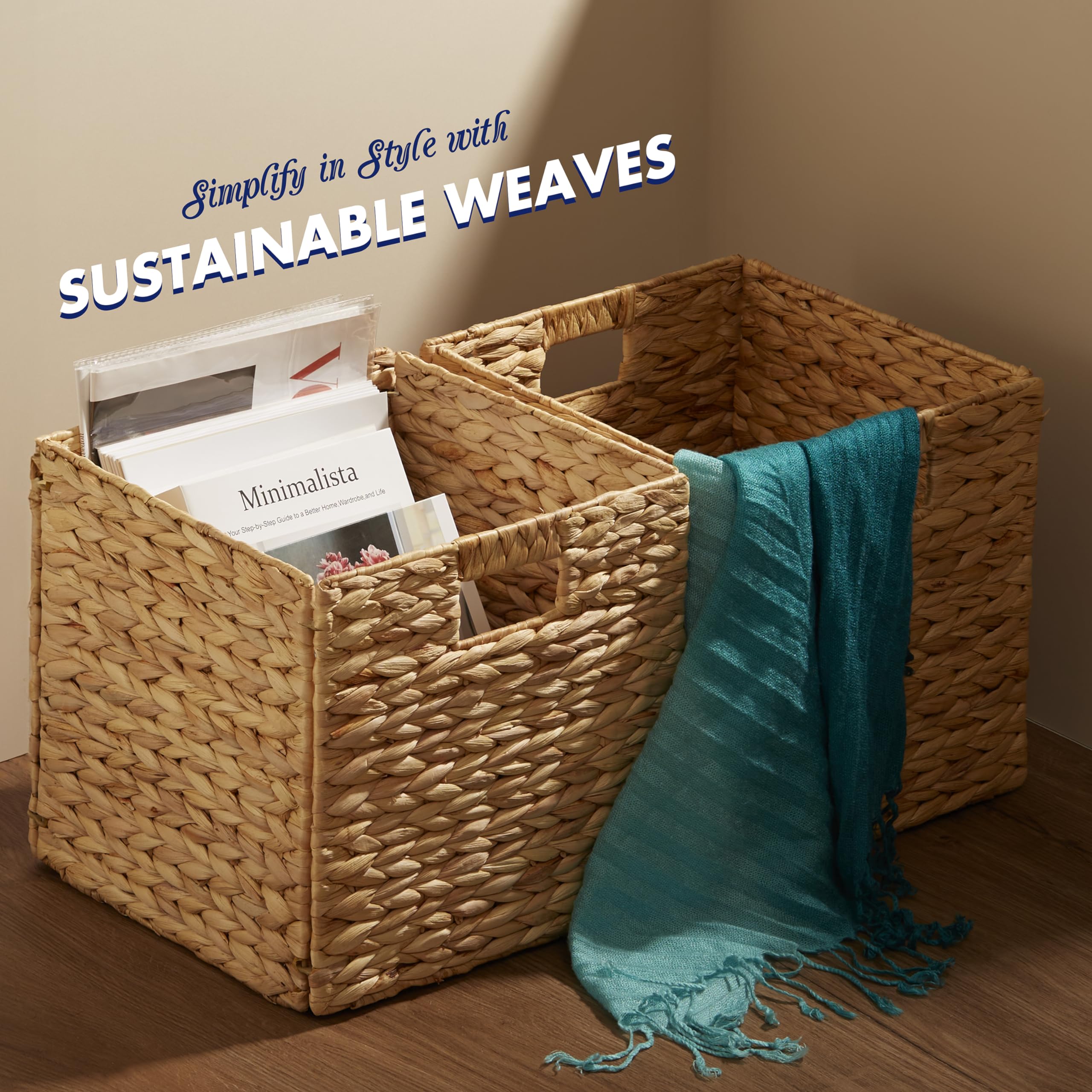 Bluewest Woven Baskets For Storage (Set Of 4) Large 11X11'' Wicker Water Hyacinth Storage Basket With Built-In Handles, Handwove