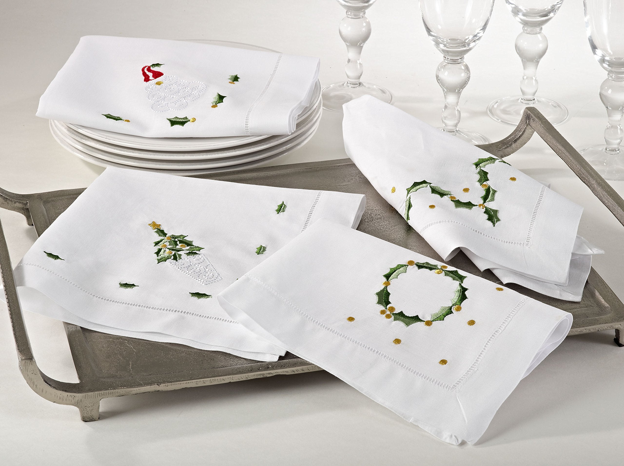 Saro Lifestyle Xm610.W20S Hemstitched Holiday Santa Napkin, White, 20'' (Set Of 4 Pcs)