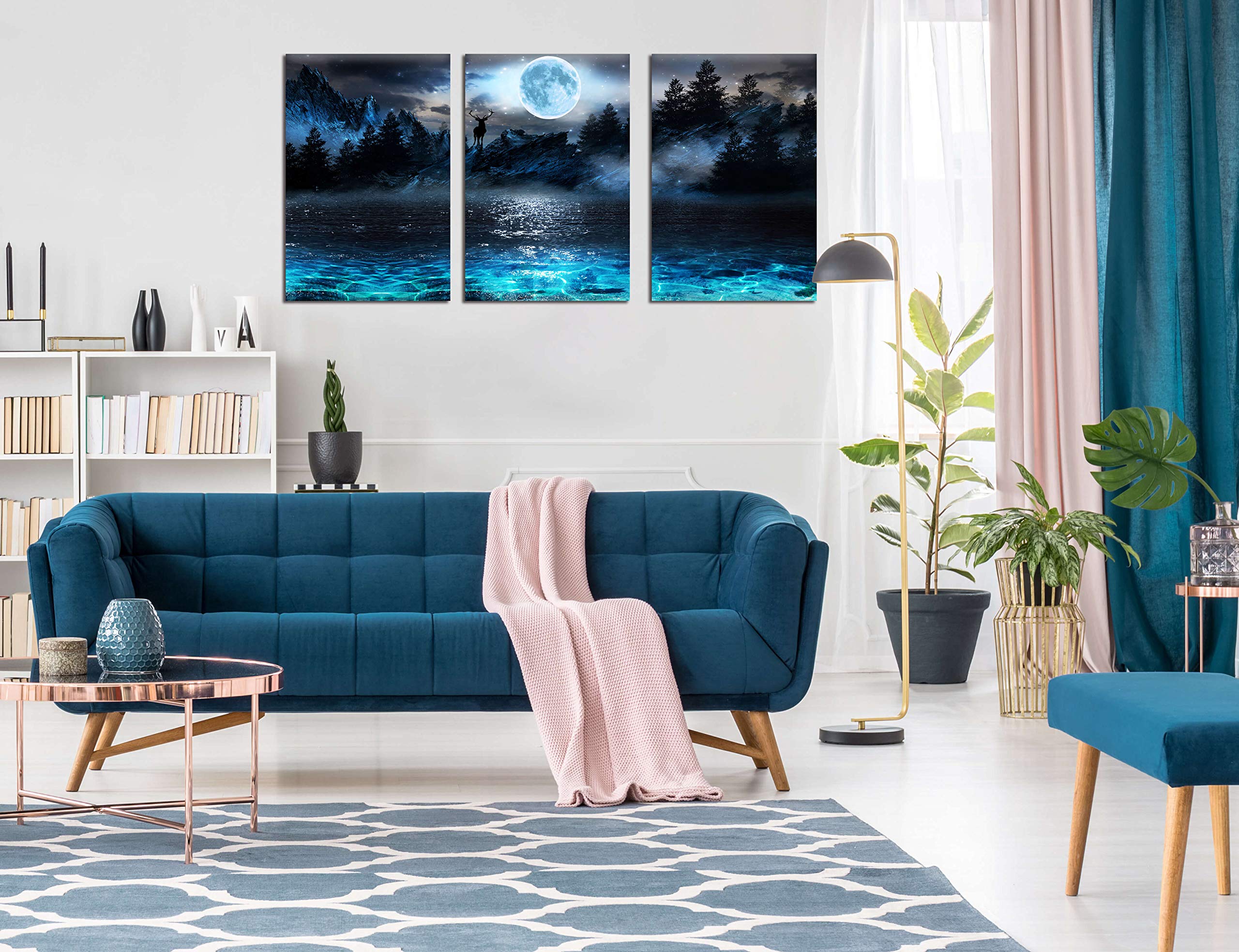 Aburaeart Moon Wall-Art - Deer Ocean Landscape Picture Wall Art For Living Room Modern Wall Decor For Bedroom - 3 Piece Canvas W