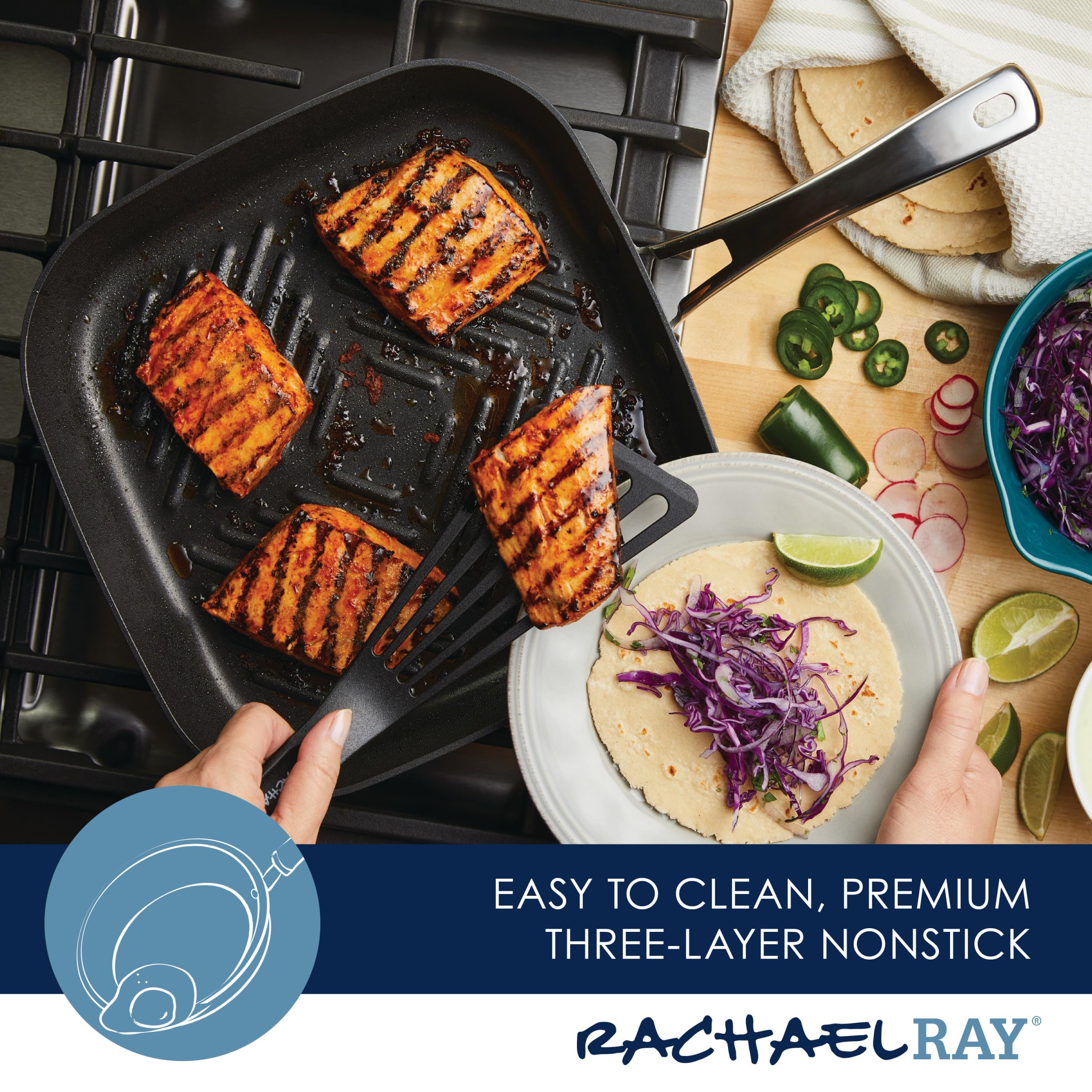 Rachael Ray Cook + Create Hard Anodized Nonstick Deep Grill Pan/Griddle, 11 Inch - Black