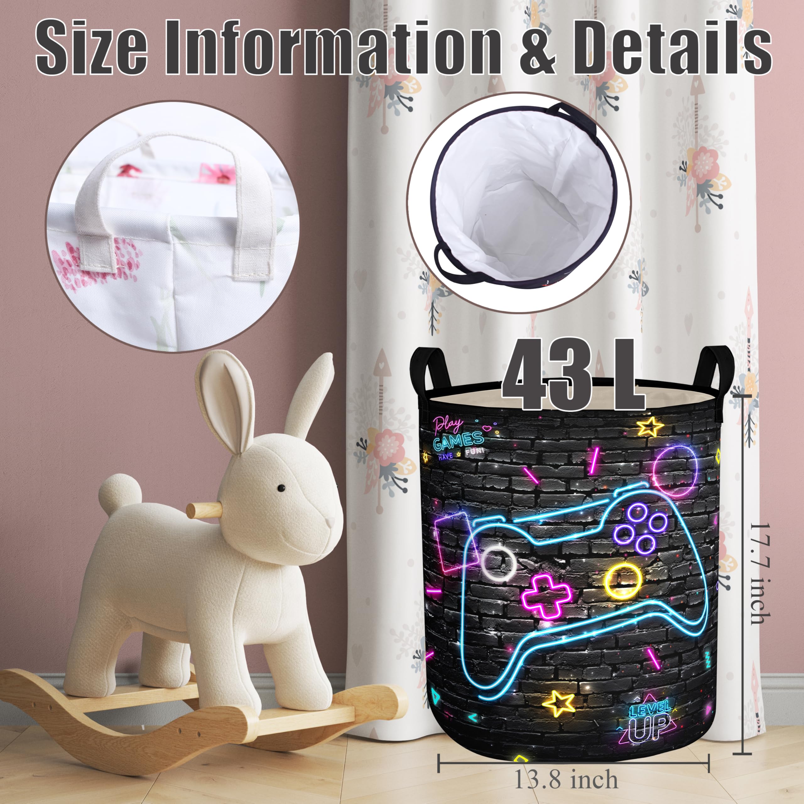 Gamer Laundry Basket Boys Hamper Foldable Kids Clothes Hampers Storage Basket Toy Organizer Boys Bedroom Decor (Neo Gamepad, 43L