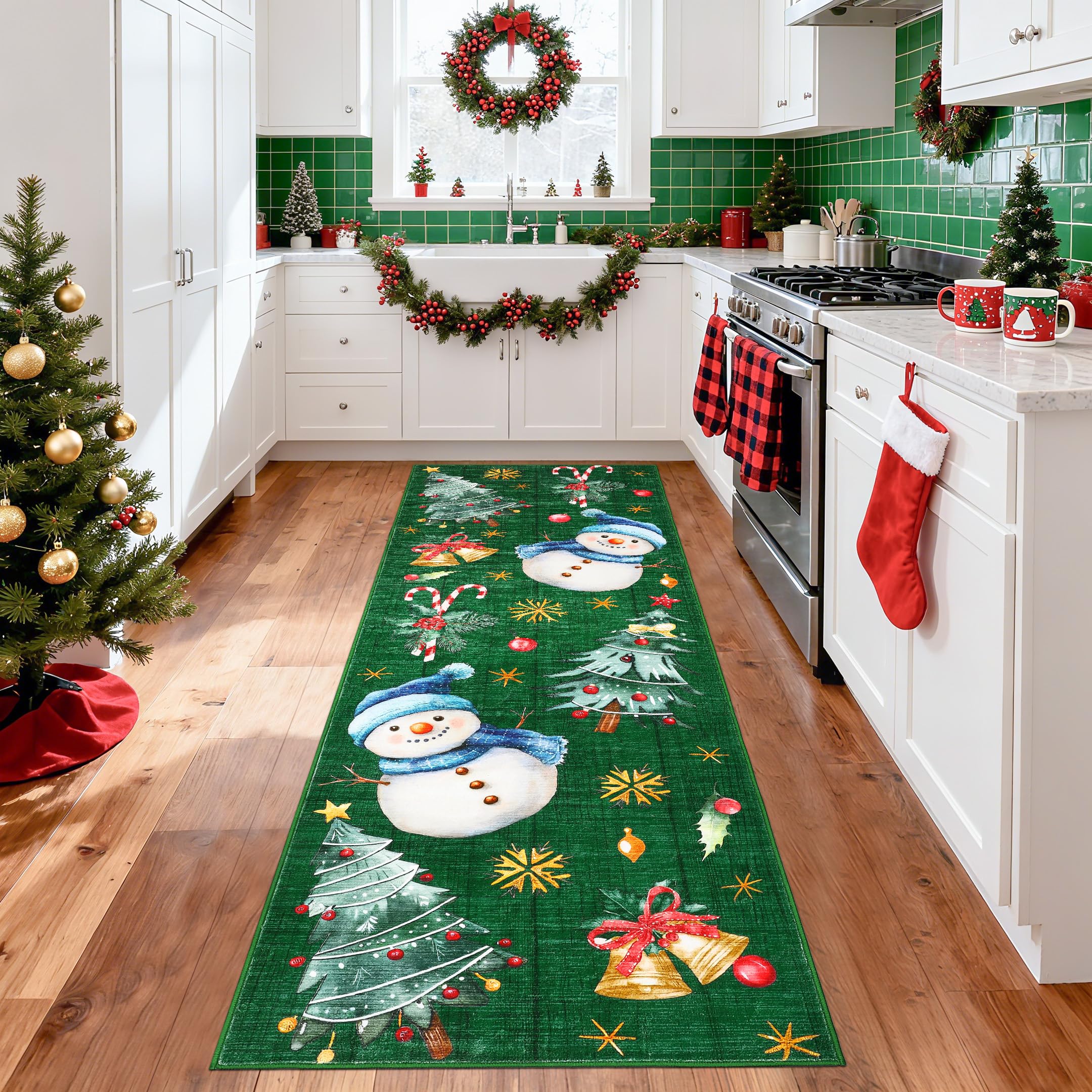 GarveeHome Christmas Washable Runner Rug 2x8 Kitchen Rugs Non Slip Bath Rugs Low Pile Entryway Rug Xmas Tree & Snowman Foldable 