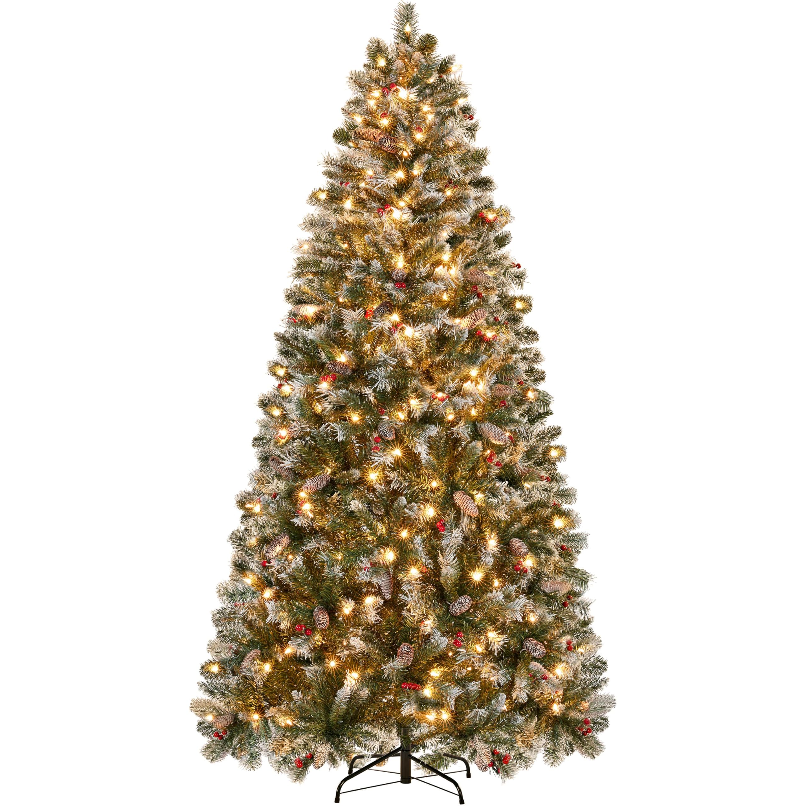Yaheetech 7.5ft Pre-lit Frosted Artificial Hinged Christmas Tree with 1398 Flocked PVC Tips,88 Pine Cones,88 Holly Berries & 500