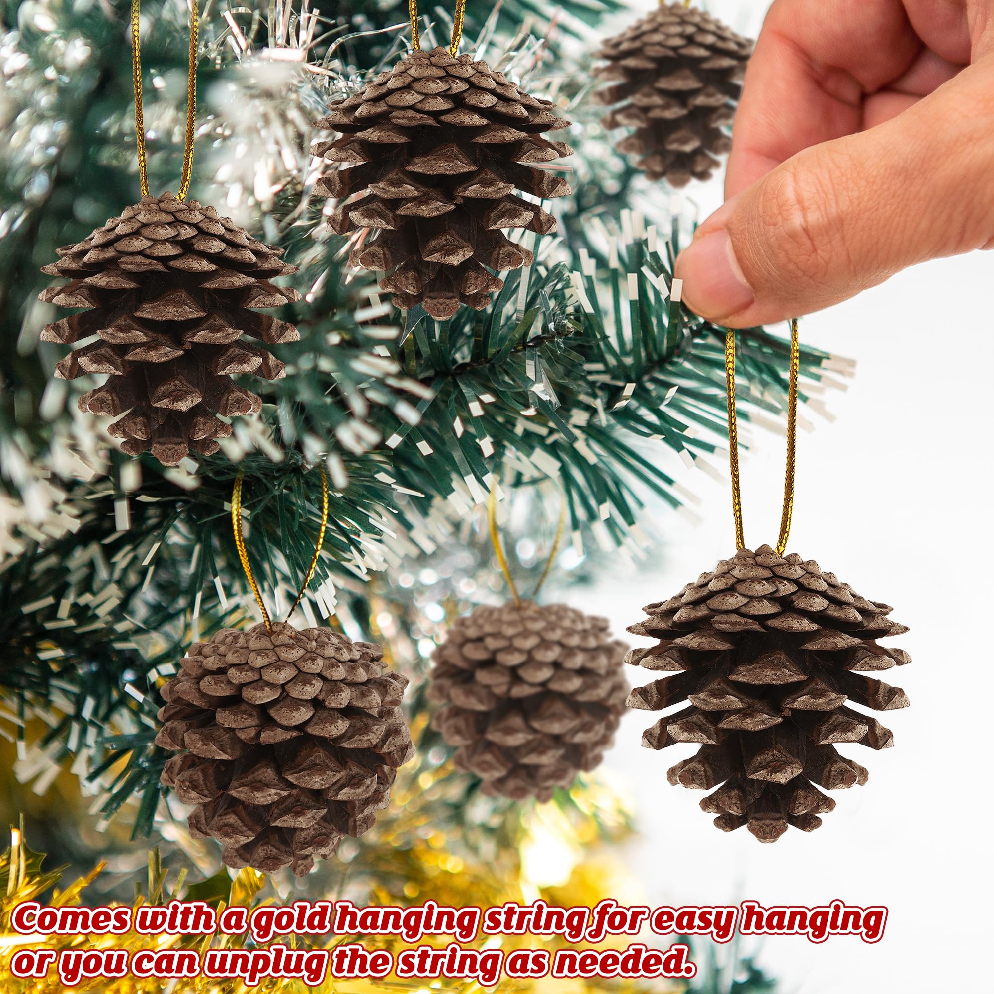 50 Pack Pine Cones, 1.96 Inches Natural Pinecone Ornaments, Pine Cones for Crafts, Rustic Pinecones with Gold String for DIY Win