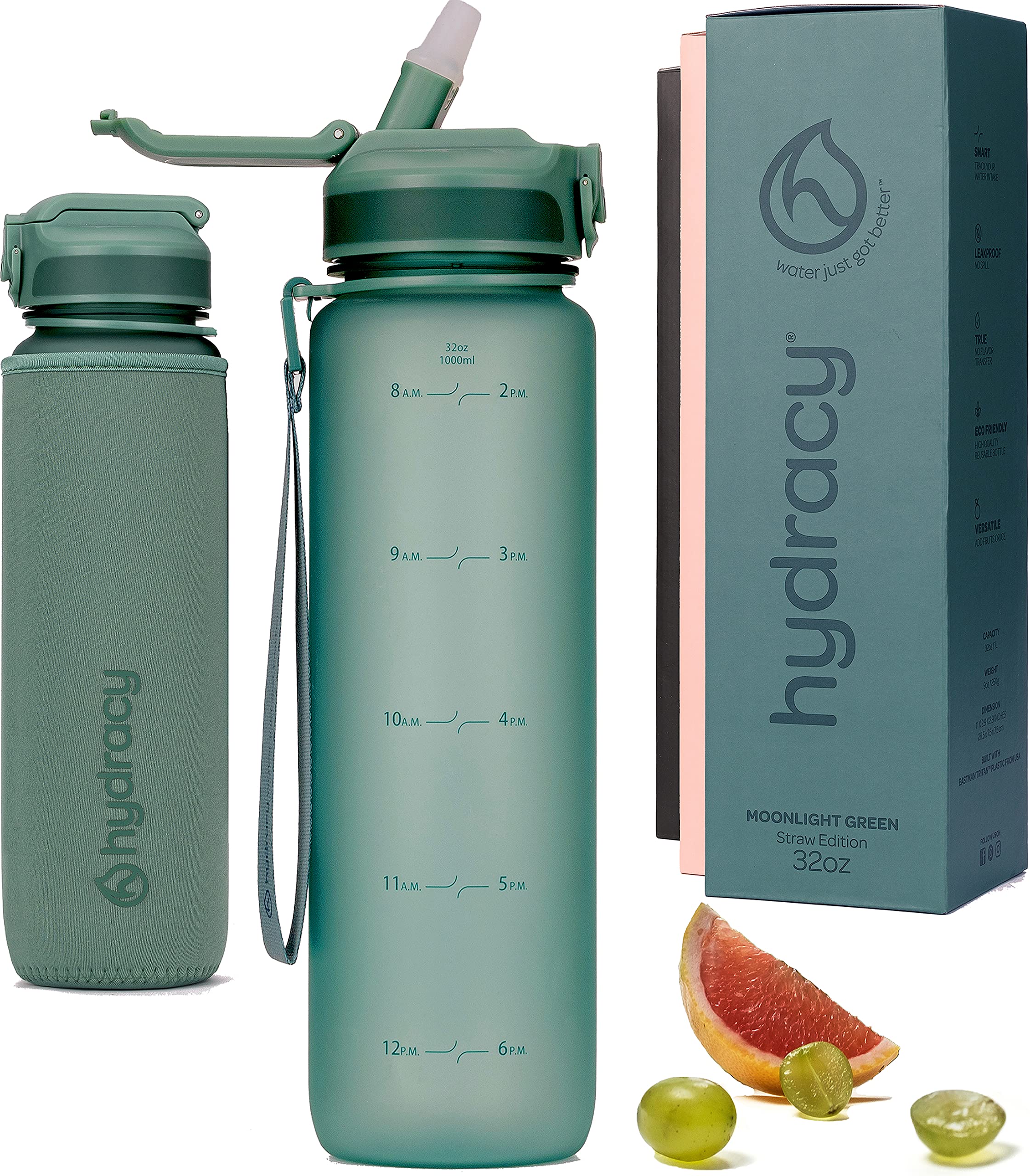 Hydracy Water Bottle With Times To Drink & Straw - Large 32 Oz Bpa Free Motivational Bottle & No Sweat Sleeve -Leak Proof Gym Bo