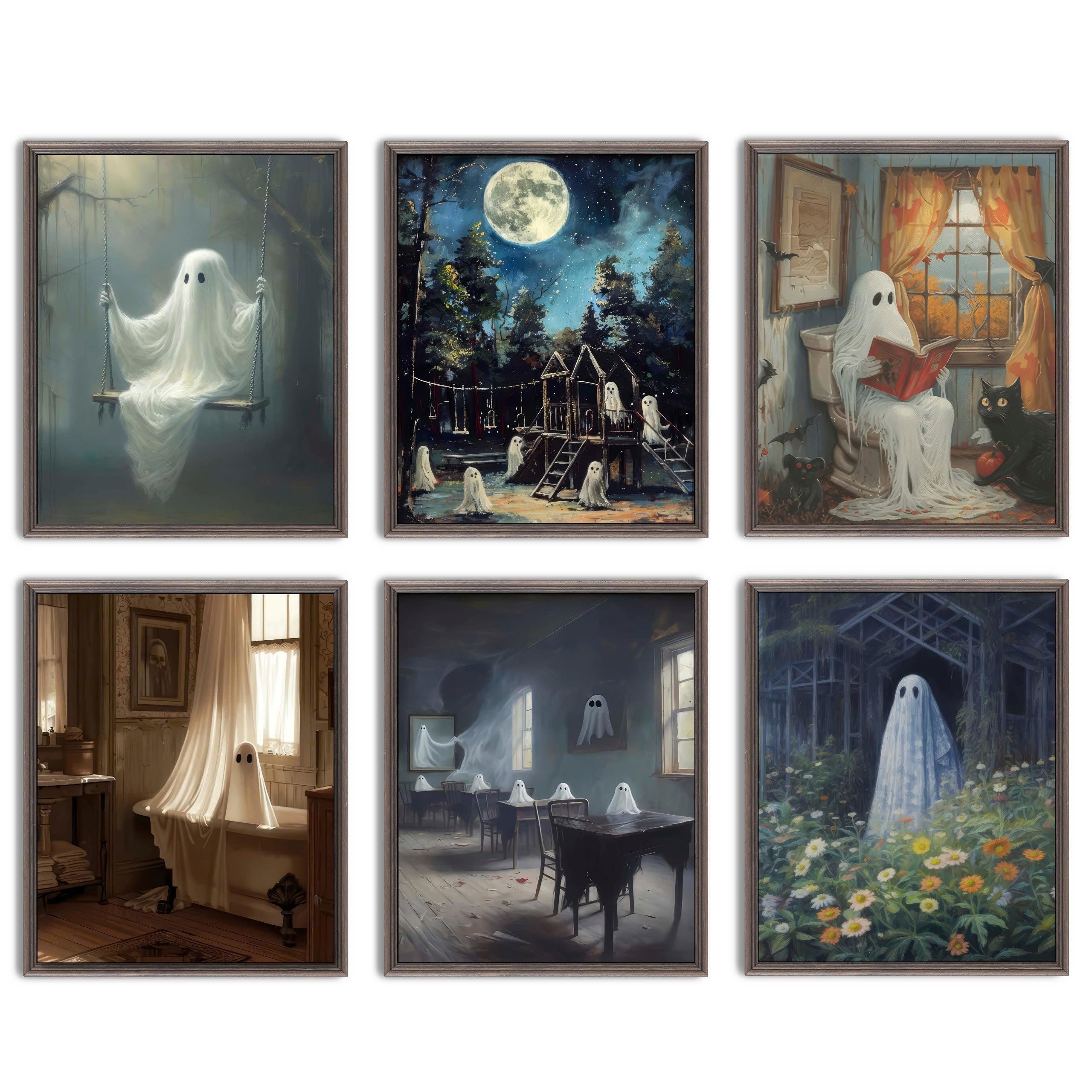 Lanchi95 6 Pcs 8X10 In Halloween Decor, Ghost Decor, Halloween Wall Art Prints, Vintage Halloween Posters Decor, Cute Ghost Deco