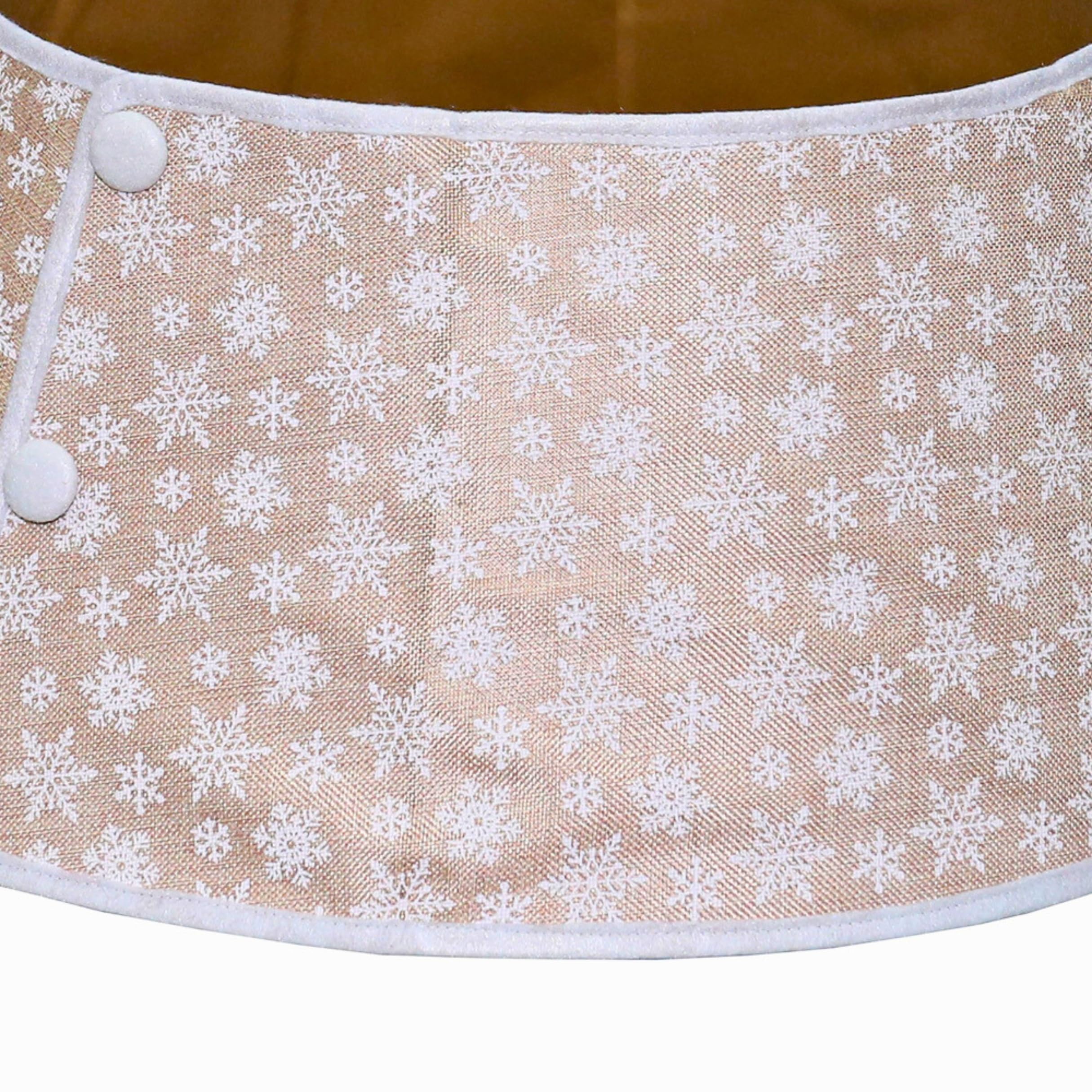 New Traditions Tan Burlap Christmas Tree Collar with White Snowflakes - 26 Diameter Fabric Stand Band for Artificial & Natural T