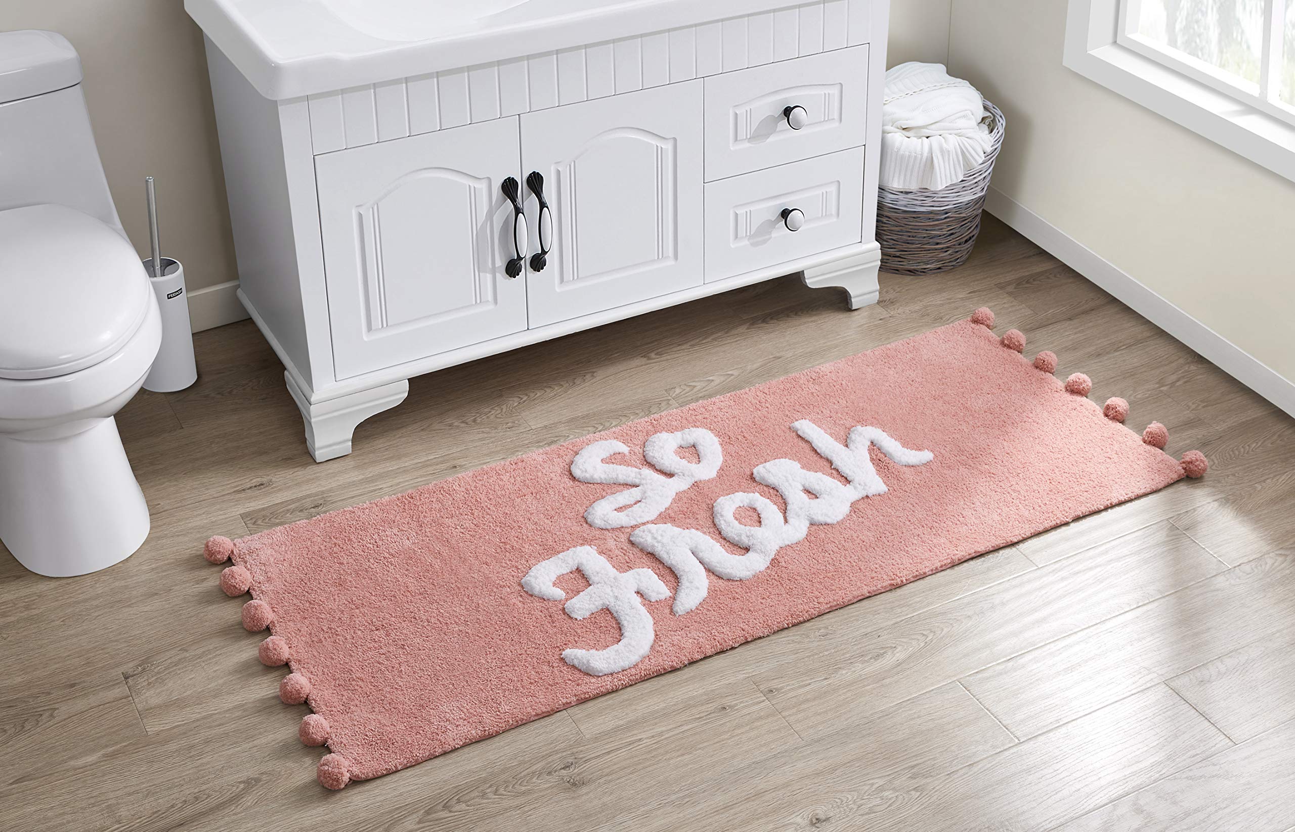 Vcny Home | Fresh Collection | Bath Rug - Ultra Plush Pom Pom Pile - Optimal Absorbency For Bathroom Use, 24'' X 60'', Blush