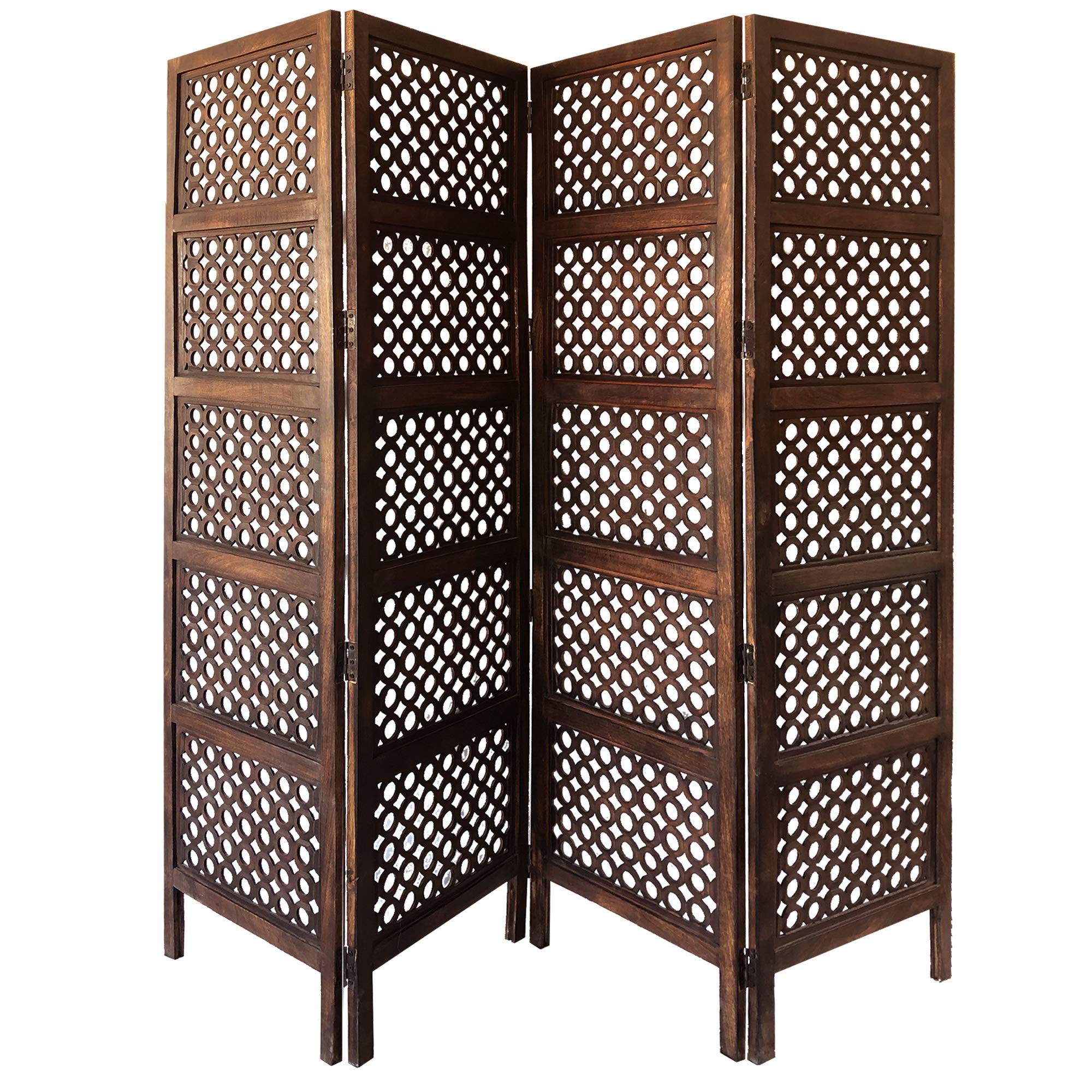 Benjara Decorative Four Panel Mango Wood Hinged Room Divider with Circular Cutout Design, Brown,