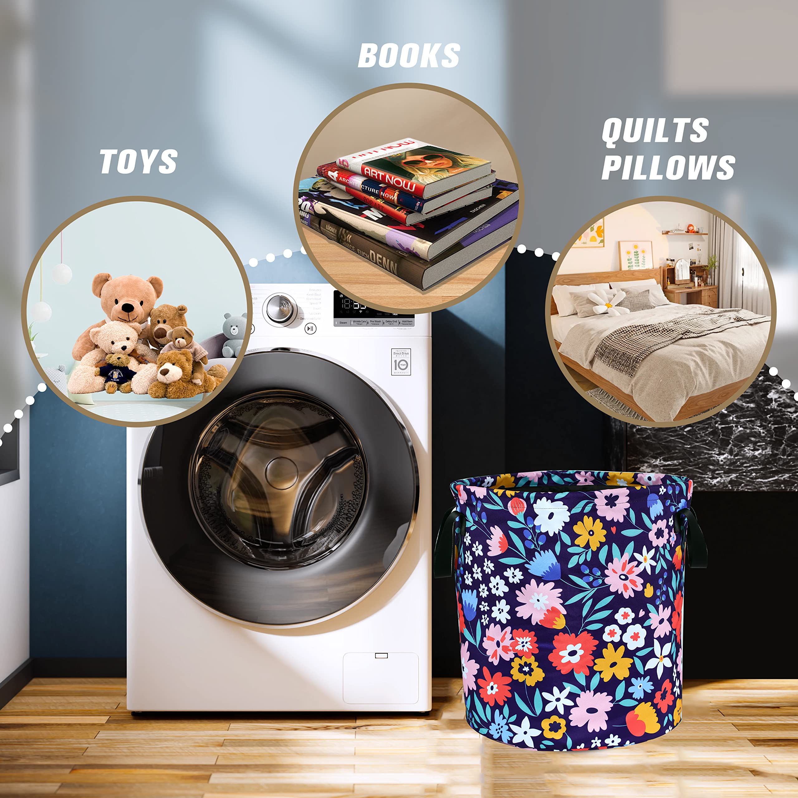 Folk Floral Art Laundry Basket Beautiful Flowers Foldable Waterproof Oxford Cloth Funny Tote Bag Laundry Hamper Clothes Storage