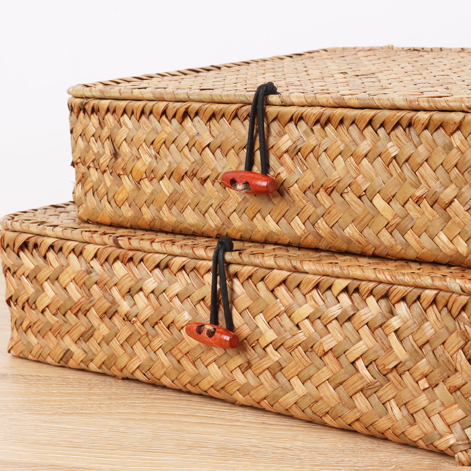 Moosky Flat Wicker Shelf Baskets With Lid, Seagrass Woven Basket Boxes For Storage Basket Bins Multipurpose Home Decor Organizer