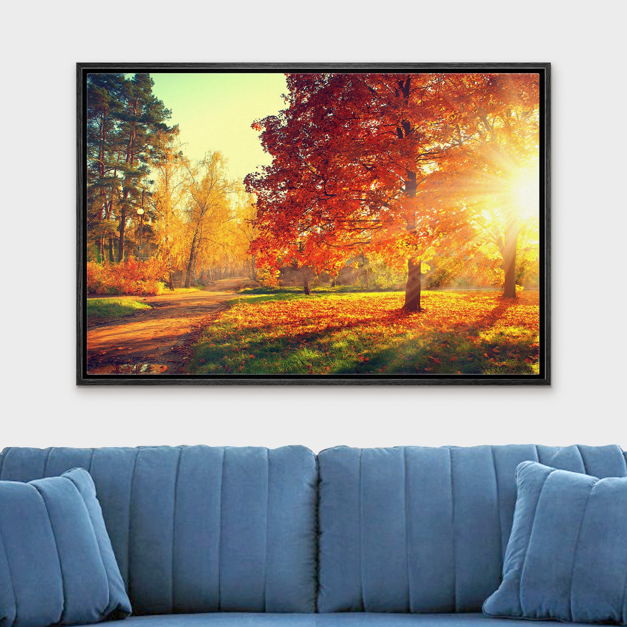 wall26 Framed Canvas Print Wall Art Path Through Red & Orange Autumn Park Nature Wilderness Photography Modern Art Rustic Scenic Colorful Multicolor for Living Room  Bedroom  Office - 24''x36'' Black