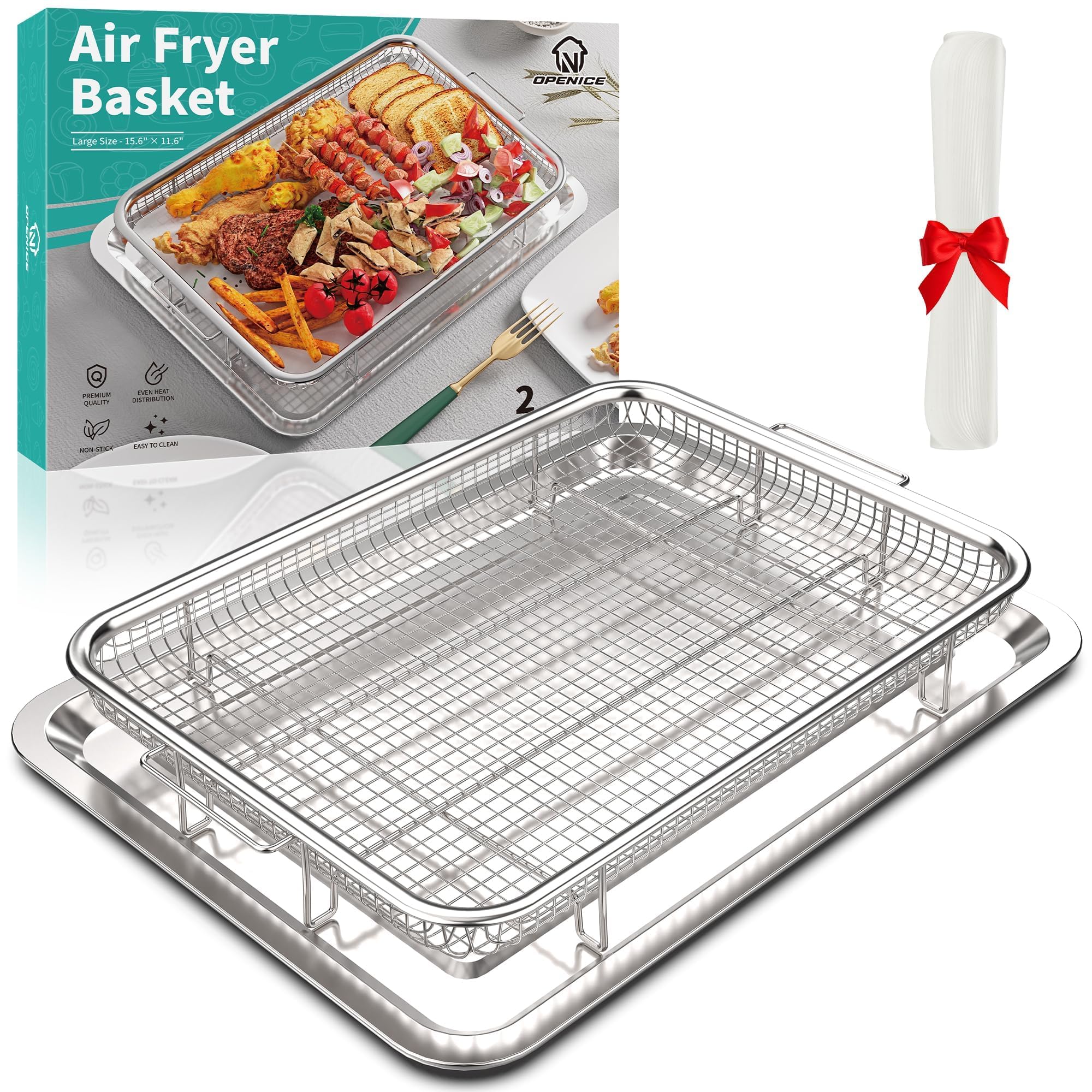 Air Fryer Basket For Oven, Openice 15.6'' X 11.6'' Large Air Fryer Basket And Pan With 30Pcs Parchment Papers, Stainless Steel O