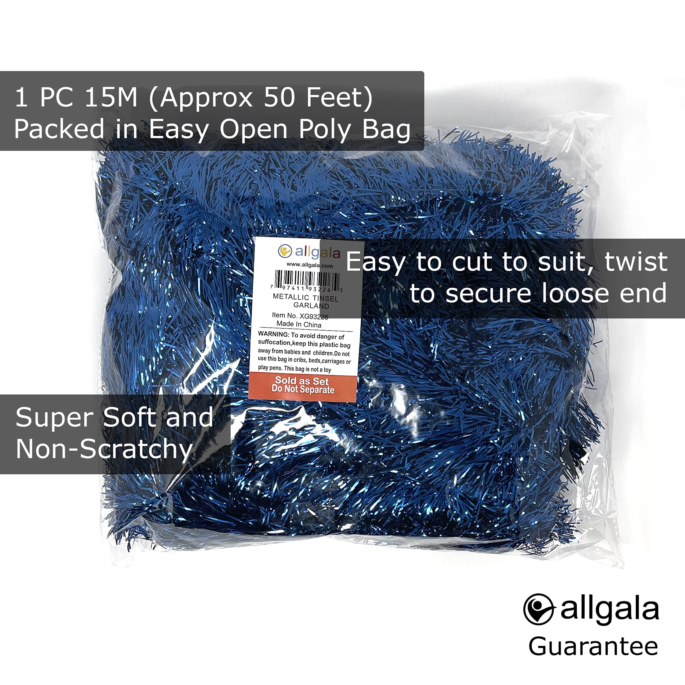 Allgala Navy Blue Tinsel Garland, 50 Feet Christmas Metallic Foil Tinsel Garland Decoration For Holiday Tree Walll Rail Home Off