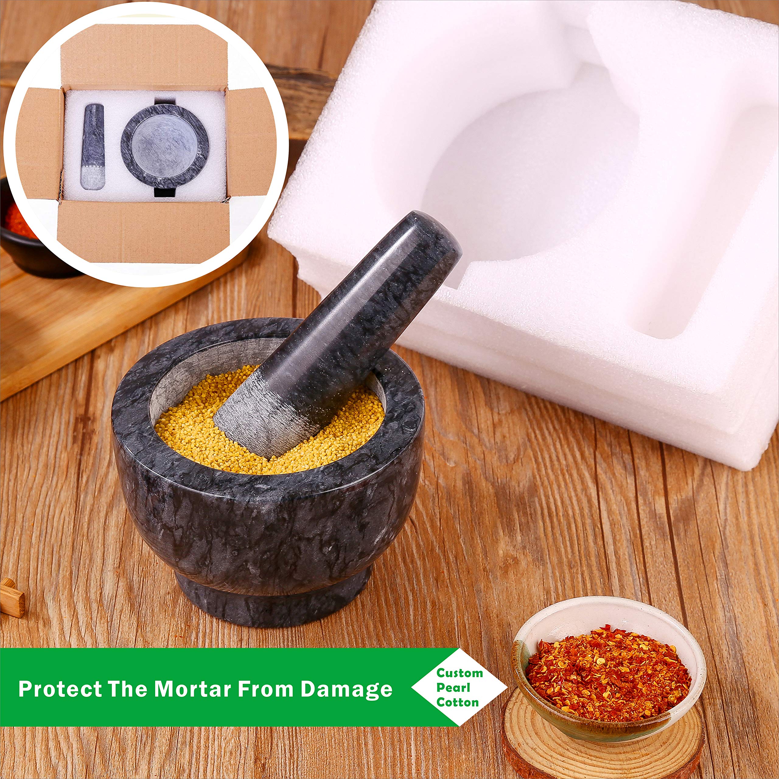 Aisiming Mortar and Pestle Set Polished Natural Marble Guacamole Molcajete Bowl  Spices Grinder with Silicone Pad  Stainless Steel Spoon and Brush  300ml Capacity Crusher(Medium  Dark Gray)